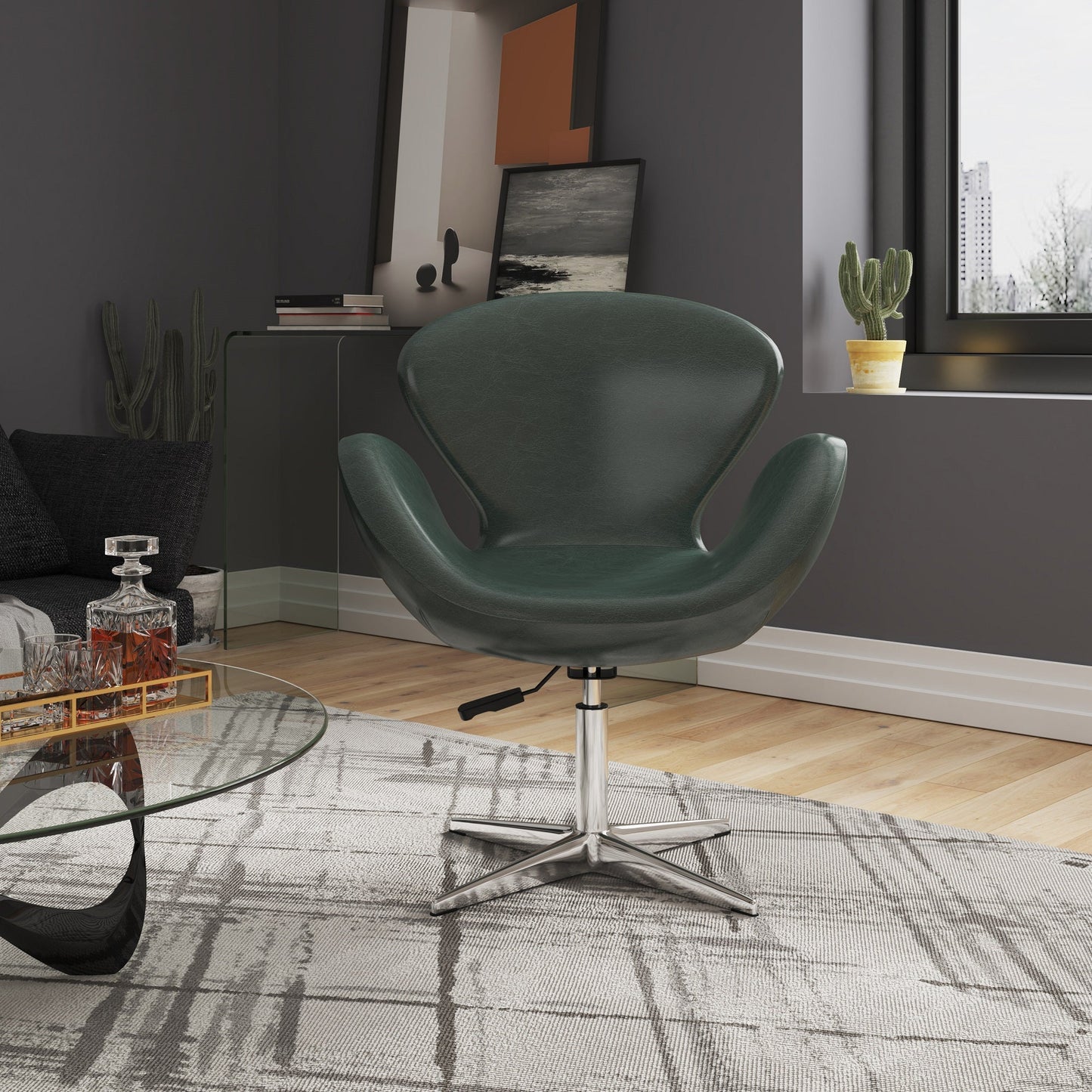 Raspberry Faux Leather Adjustable Swivel Chair in Forest Green and Polished Chrome - Ornate Home