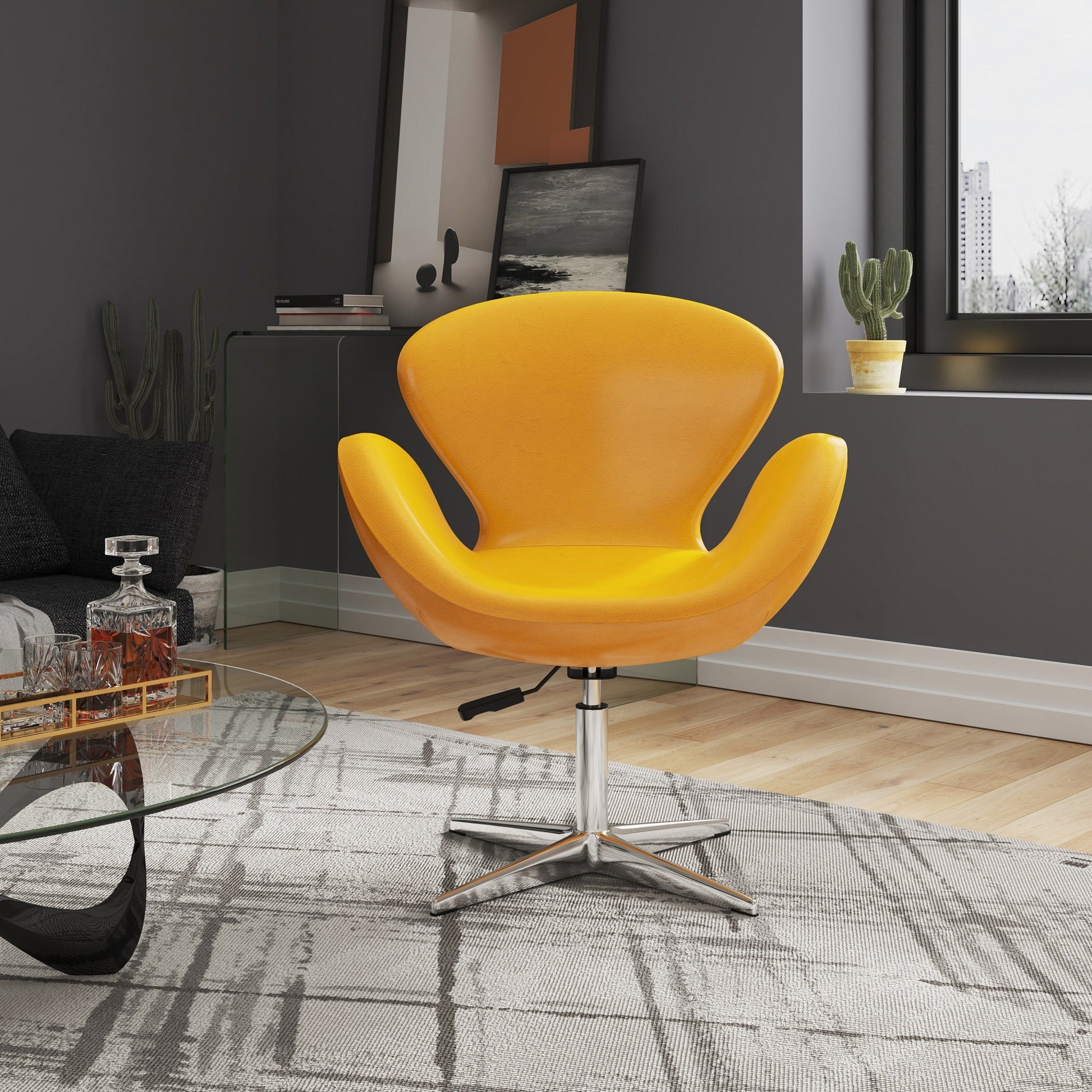 Raspberry Faux Leather Adjustable Swivel Chair in Yellow and Polished Chrome - Ornate Home