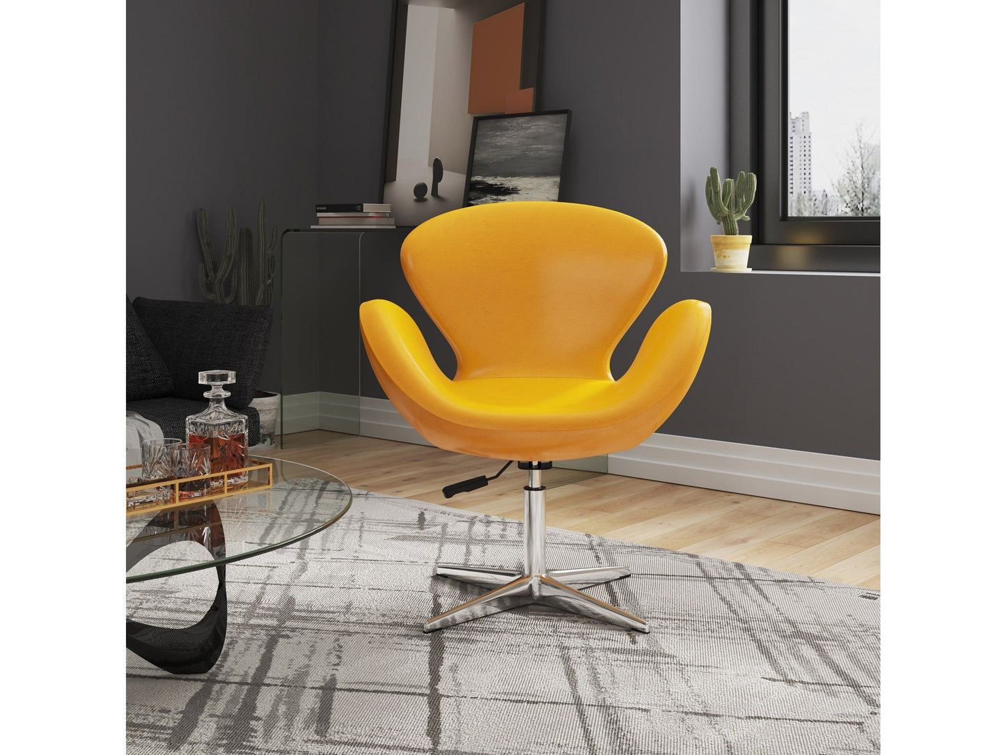 Raspberry Faux Leather Adjustable Swivel Chair in Yellow and Polished Chrome (set of 2) - Ornate Home