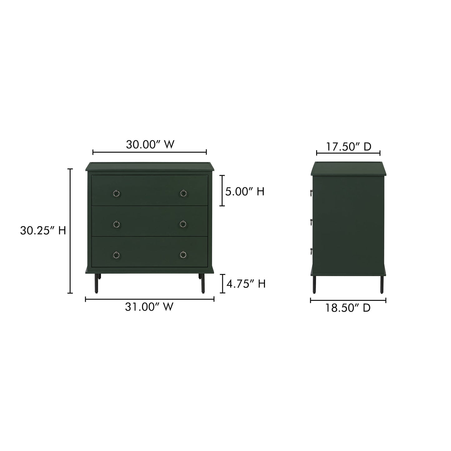 Reagan Deep Green 3 Drawer Nightstand - Ornate Home