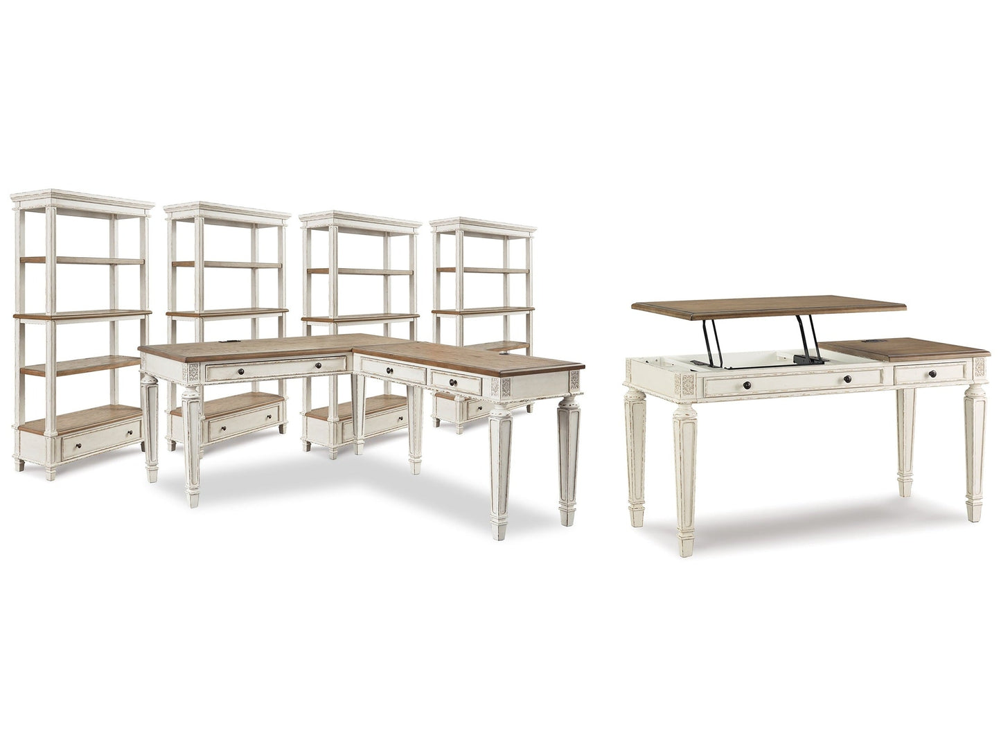 Realyn Two-tone Lift-top Desk, L-shaped Desk and 4 Bookcases- Viva Furn