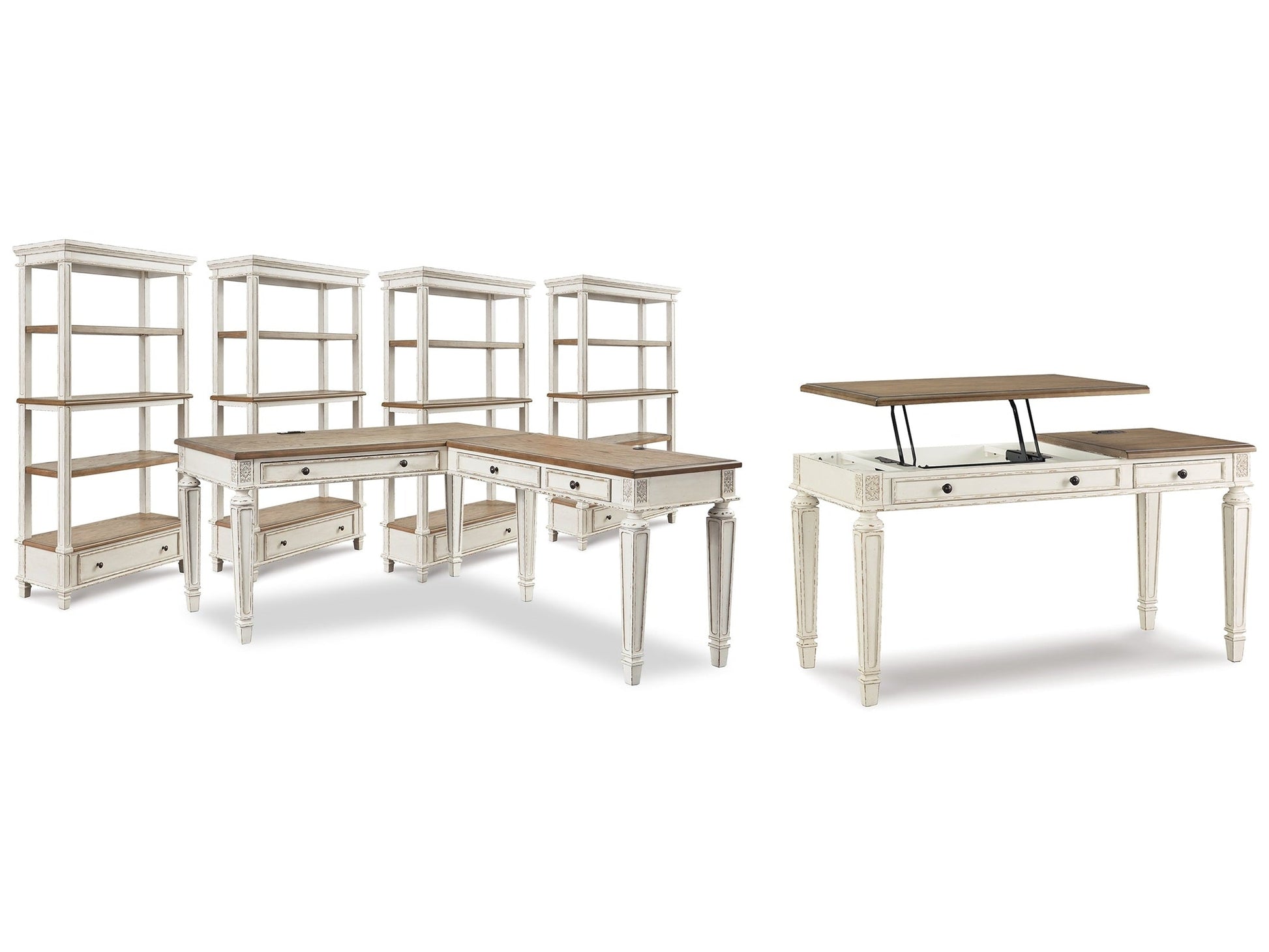 Realyn Two-tone Lift-top Desk, L-shaped Desk and 4 Bookcases- Viva Furn