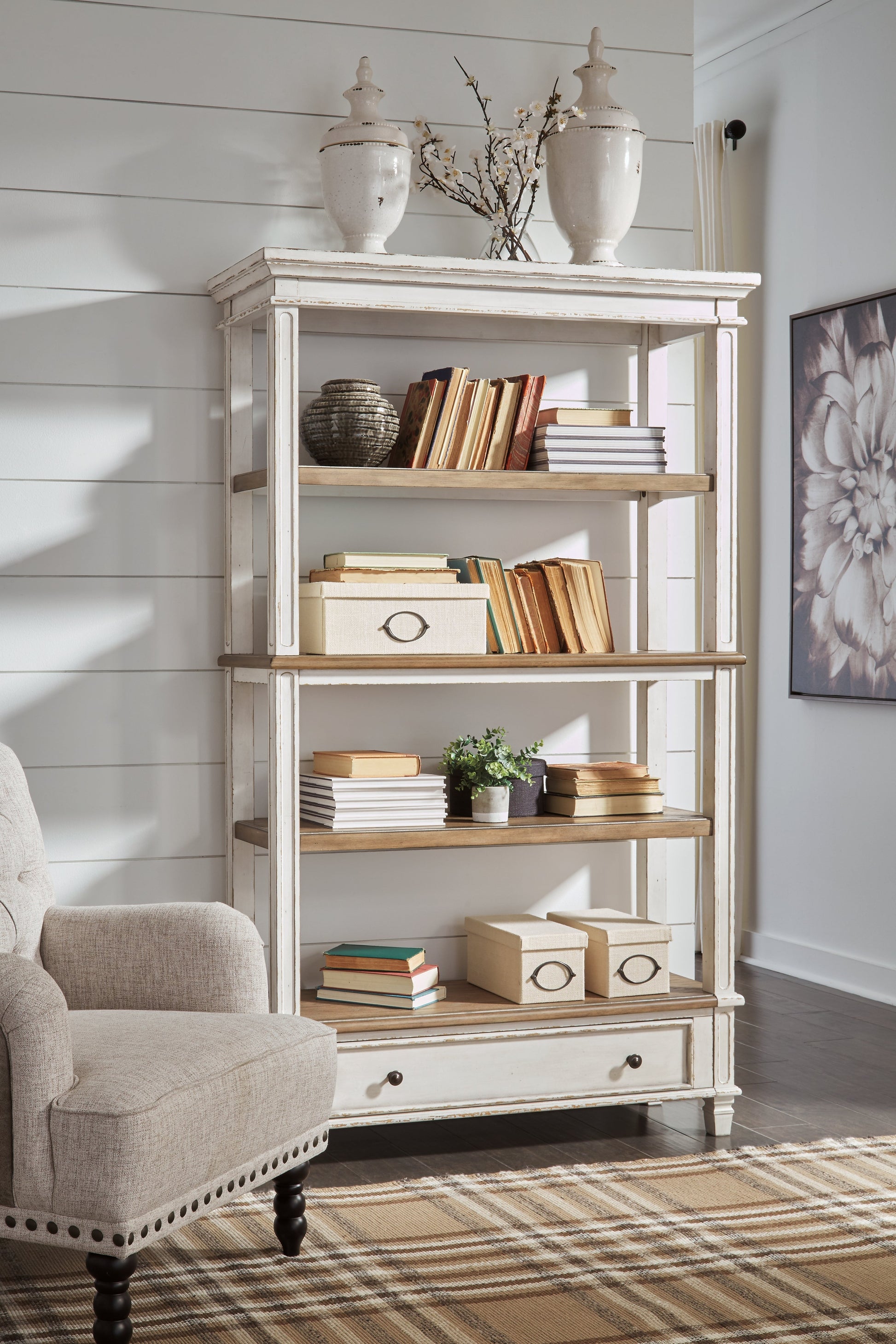 Realyn Two-tone Lift-top Desk, L-shaped Desk and 4 Bookcases- Viva Furn