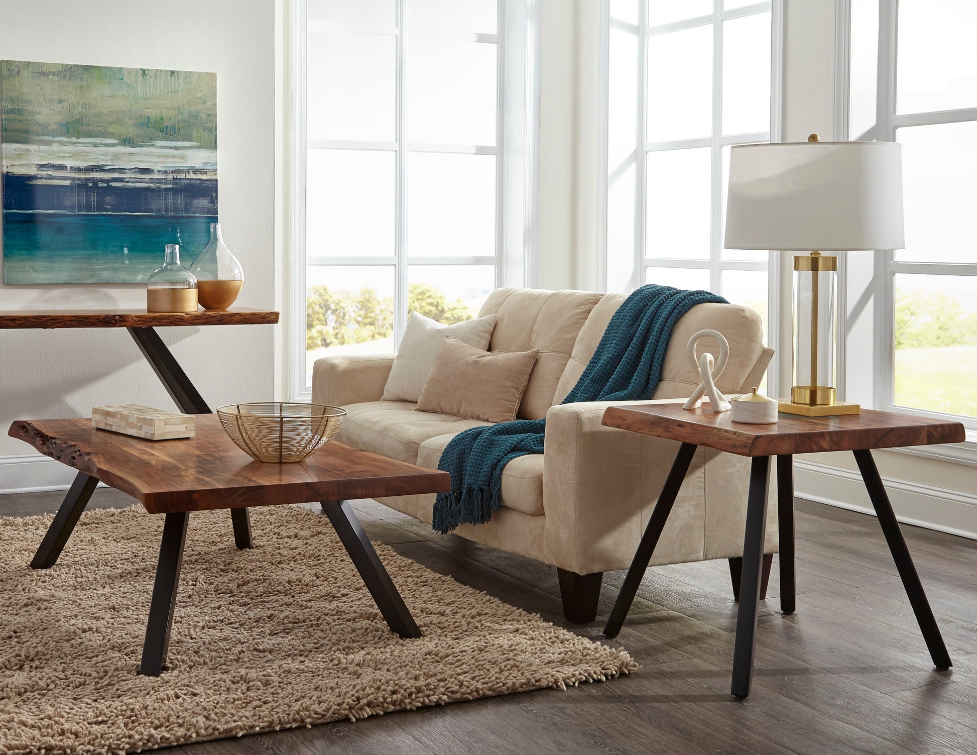 Reese Live Edge Solid Wood Metal Leg Coffee Table in Natural Acacia - Ornate Home
