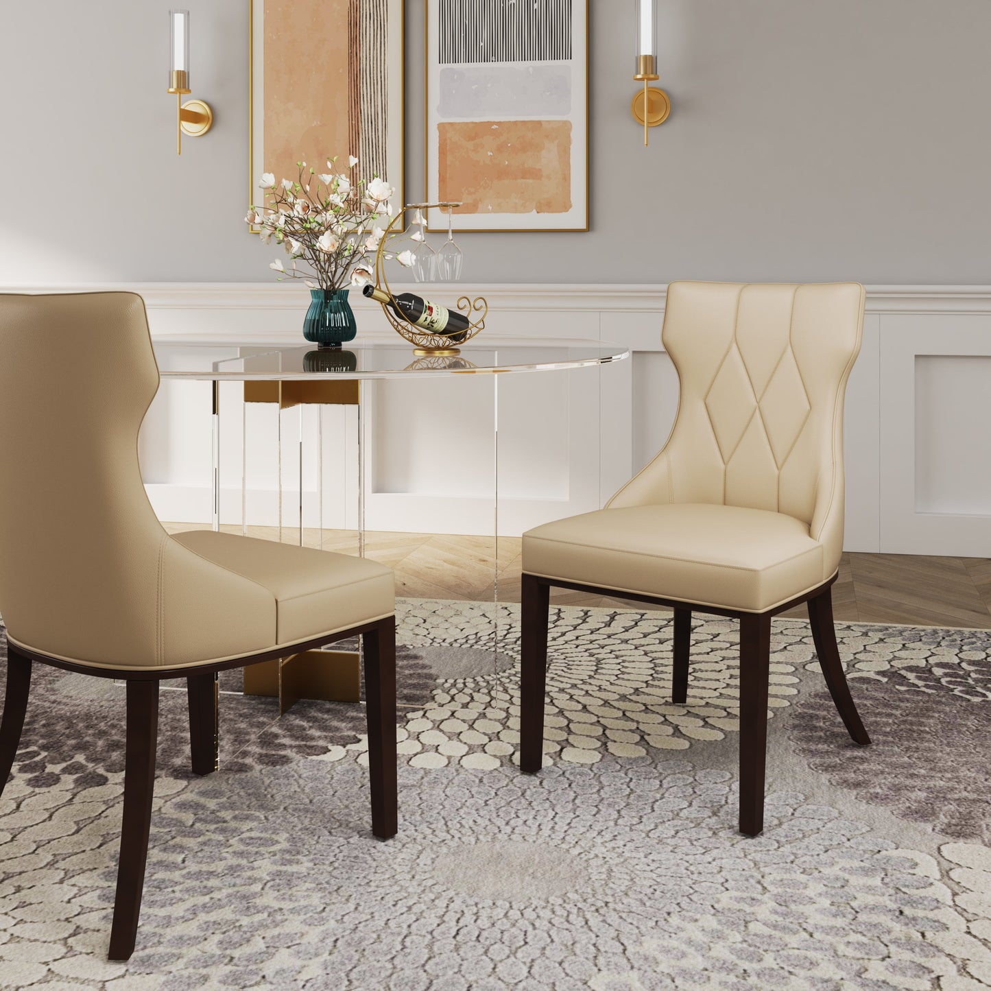 Reine Faux Leather Dining Chair (Set of Two) in Cream and Walnut - Ornate Home