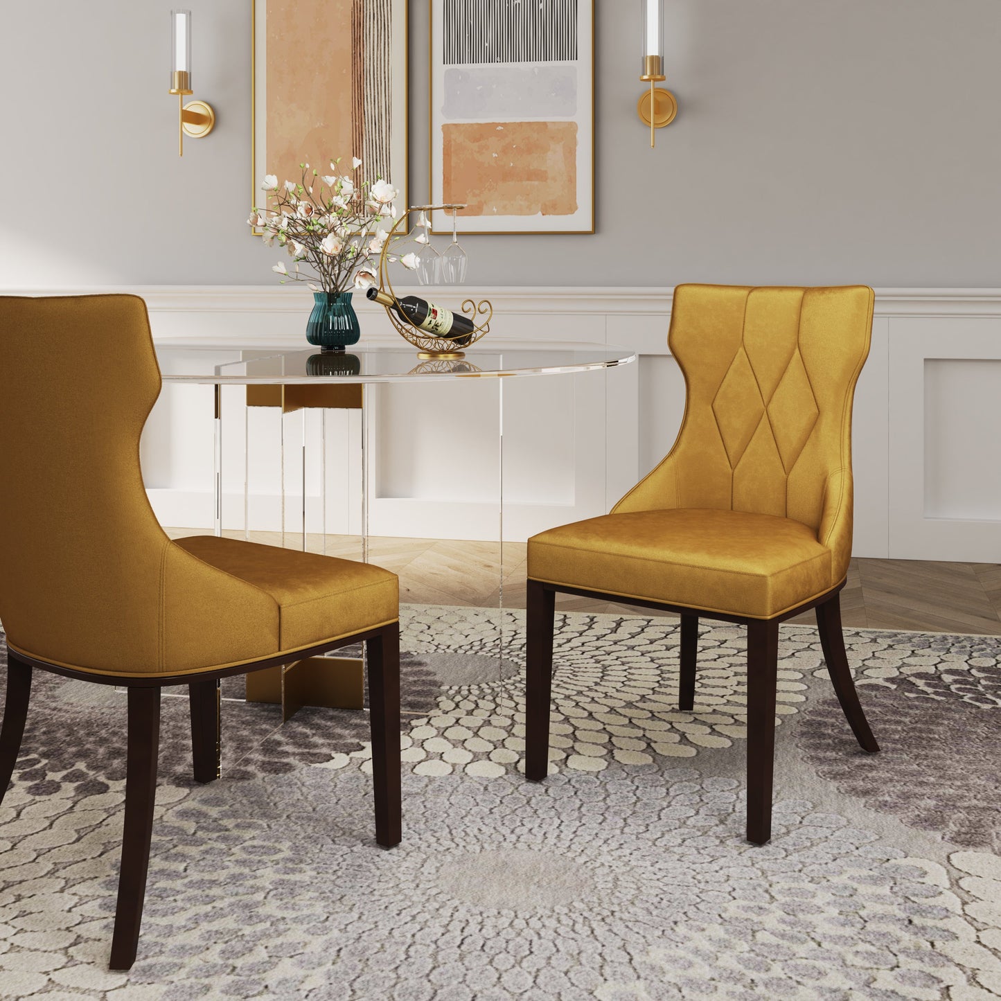Reine Velvet Dining Chair (Set of Two) in Antique Gold and Walnut - Ornate Home