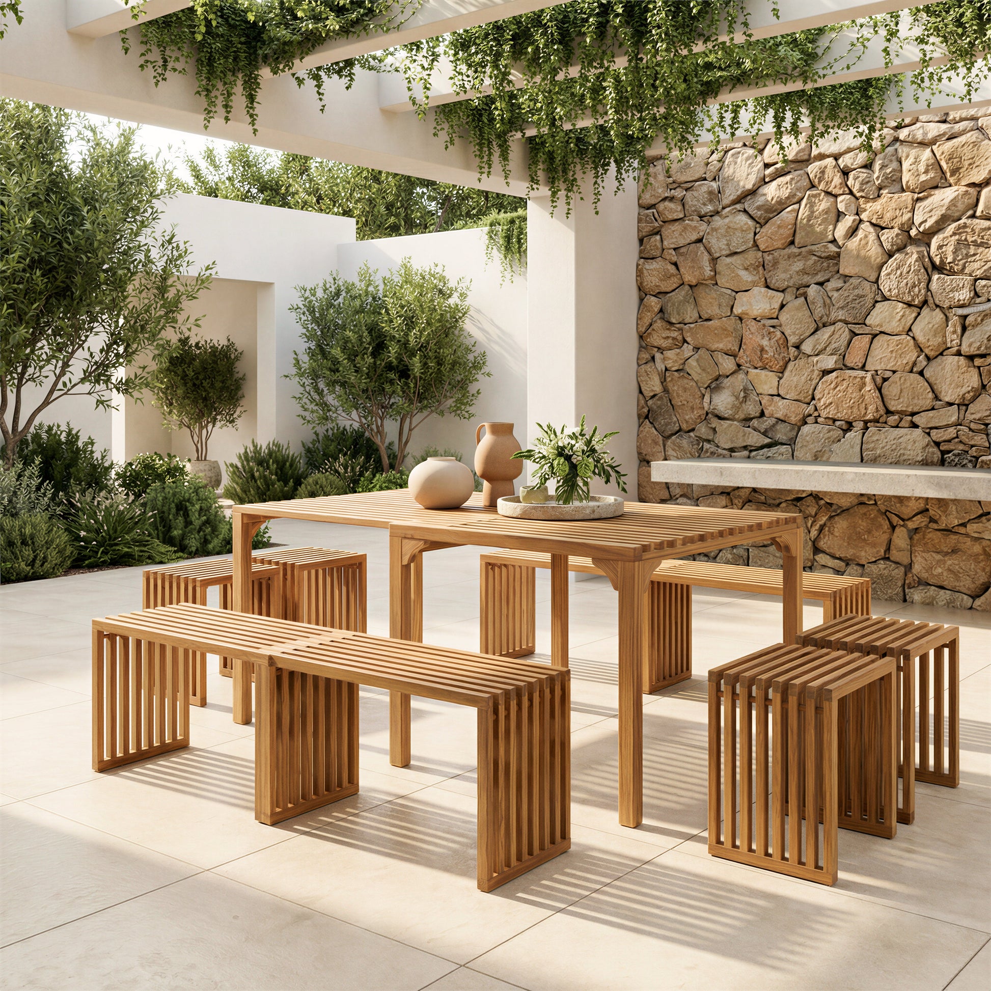 Riviera Natural Outdoor Extendable Bench (Set of 2) - Ornate Home