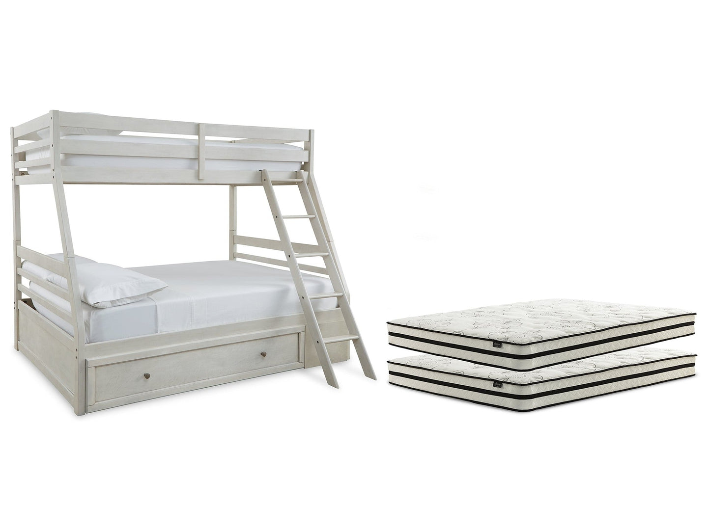 Robbinsdale Antique White Twin over Full Bunk Bed with Storage and Mattresses- Viva Furn