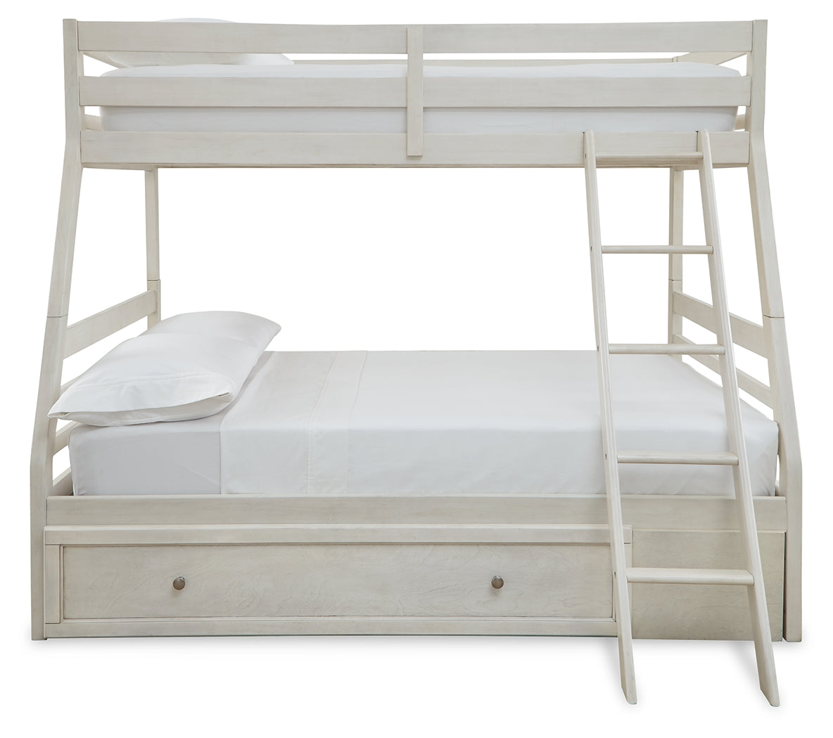 Robbinsdale Antique White Twin over Full Bunk Bed with Storage and Mattresses- Viva Furn