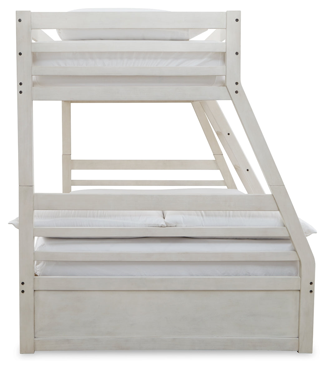 Robbinsdale Antique White Twin over Full Bunk Bed with Storage and Mattresses- Viva Furn