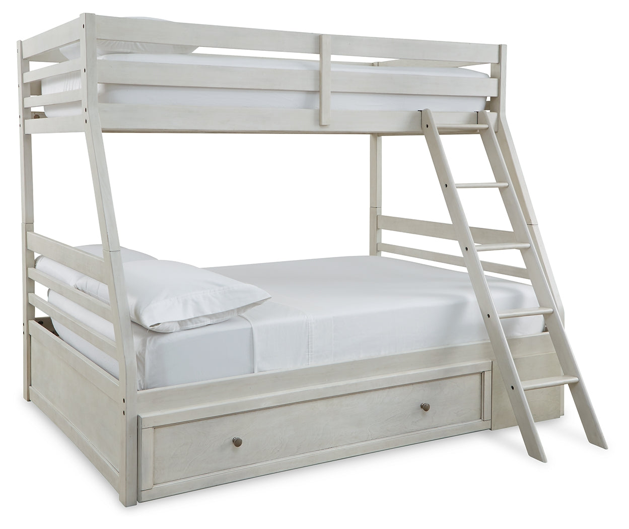 Robbinsdale Antique White Twin over Full Bunk Bed with Storage and Mattresses- Viva Furn