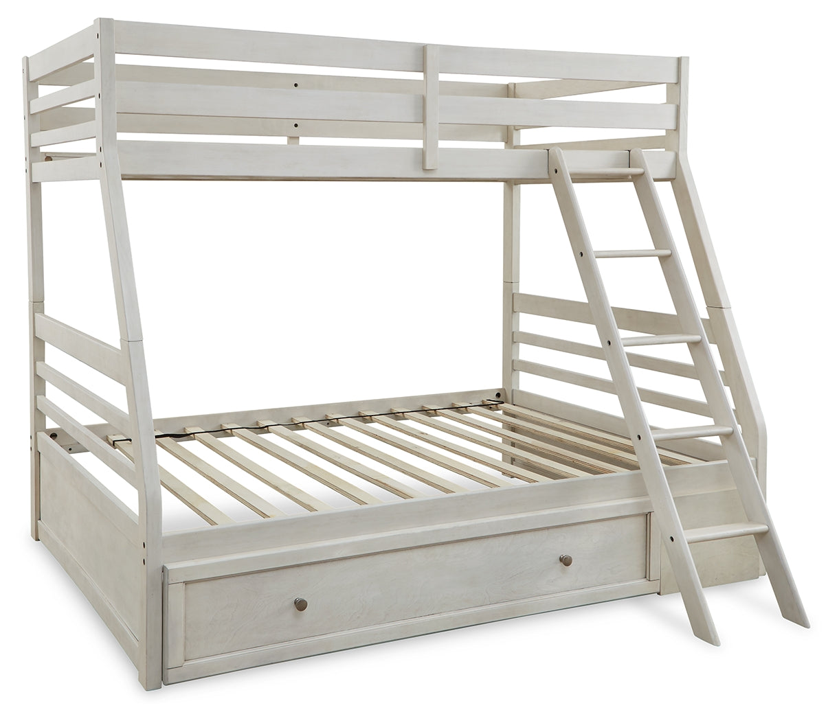 Robbinsdale Antique White Twin over Full Bunk Bed with Storage and Mattresses- Viva Furn