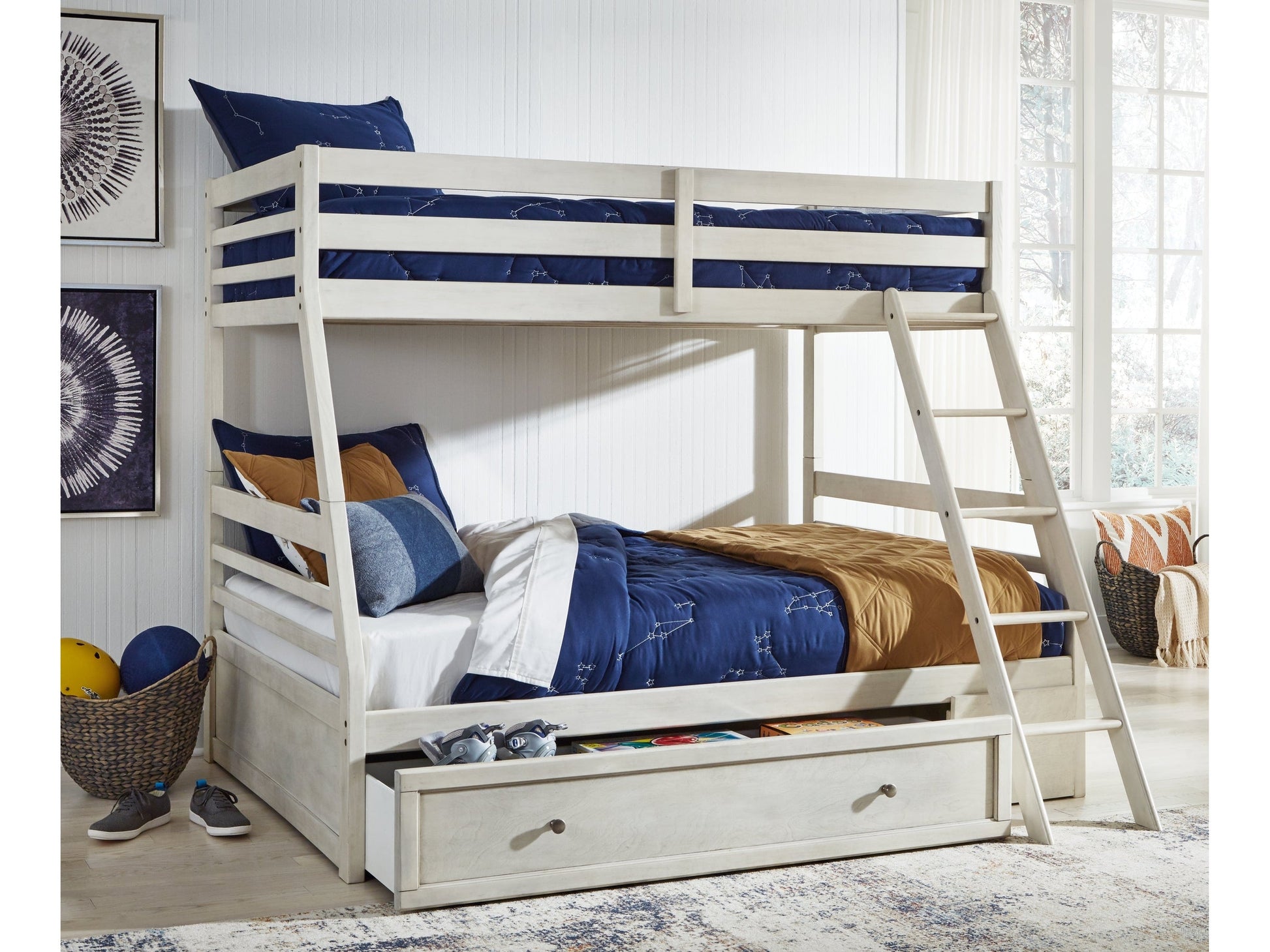 Robbinsdale Antique White Twin over Full Bunk Bed with Storage and Mattresses- Viva Furn