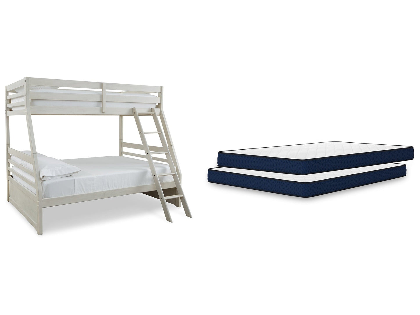 Robbinsdale Antique White/White Twin over Full Bunk Bed and Mattresses- Viva Furn