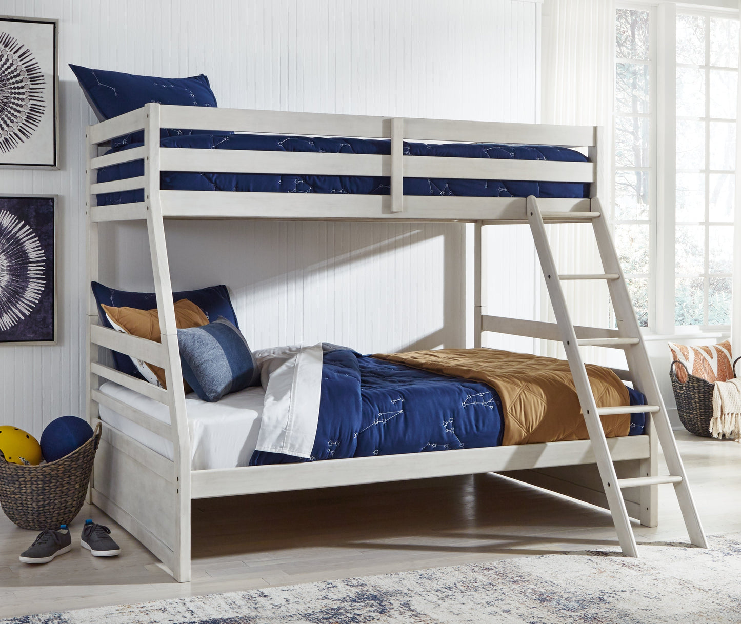 Robbinsdale Antique White/White Twin over Full Bunk Bed and Mattresses- Viva Furn