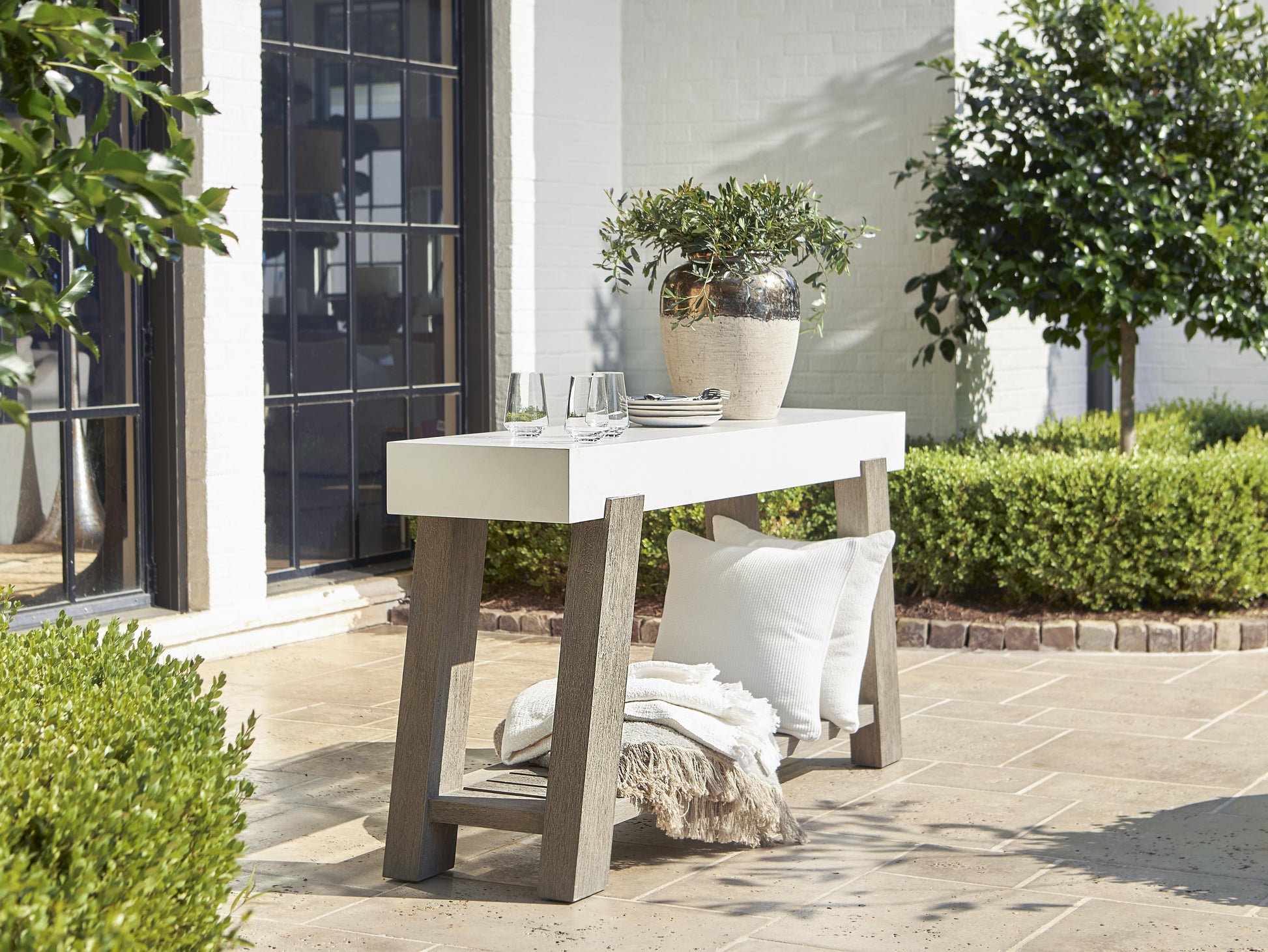 Rochelle Quarry/Weathered Teak Outdoor Console Table - Ornate Home