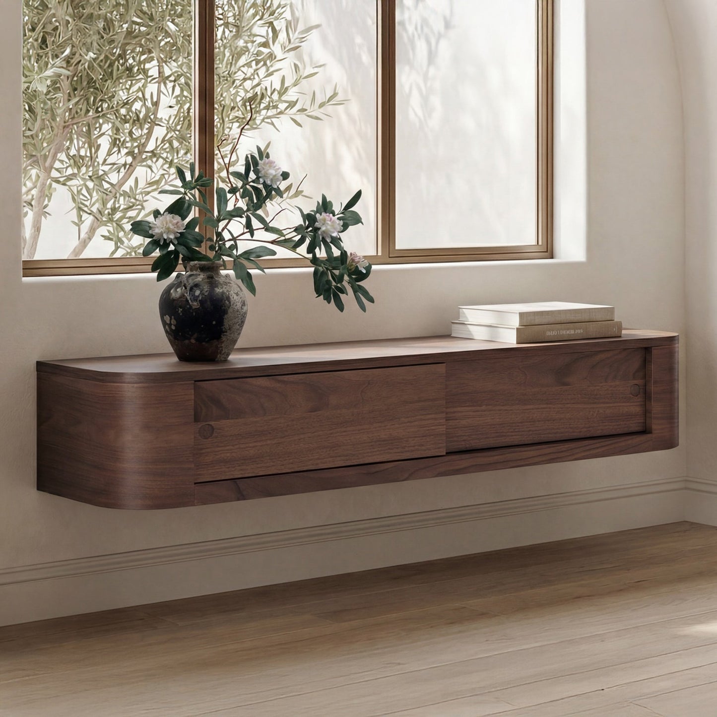 Round Off Walnut Floating Console Table - Ornate Home