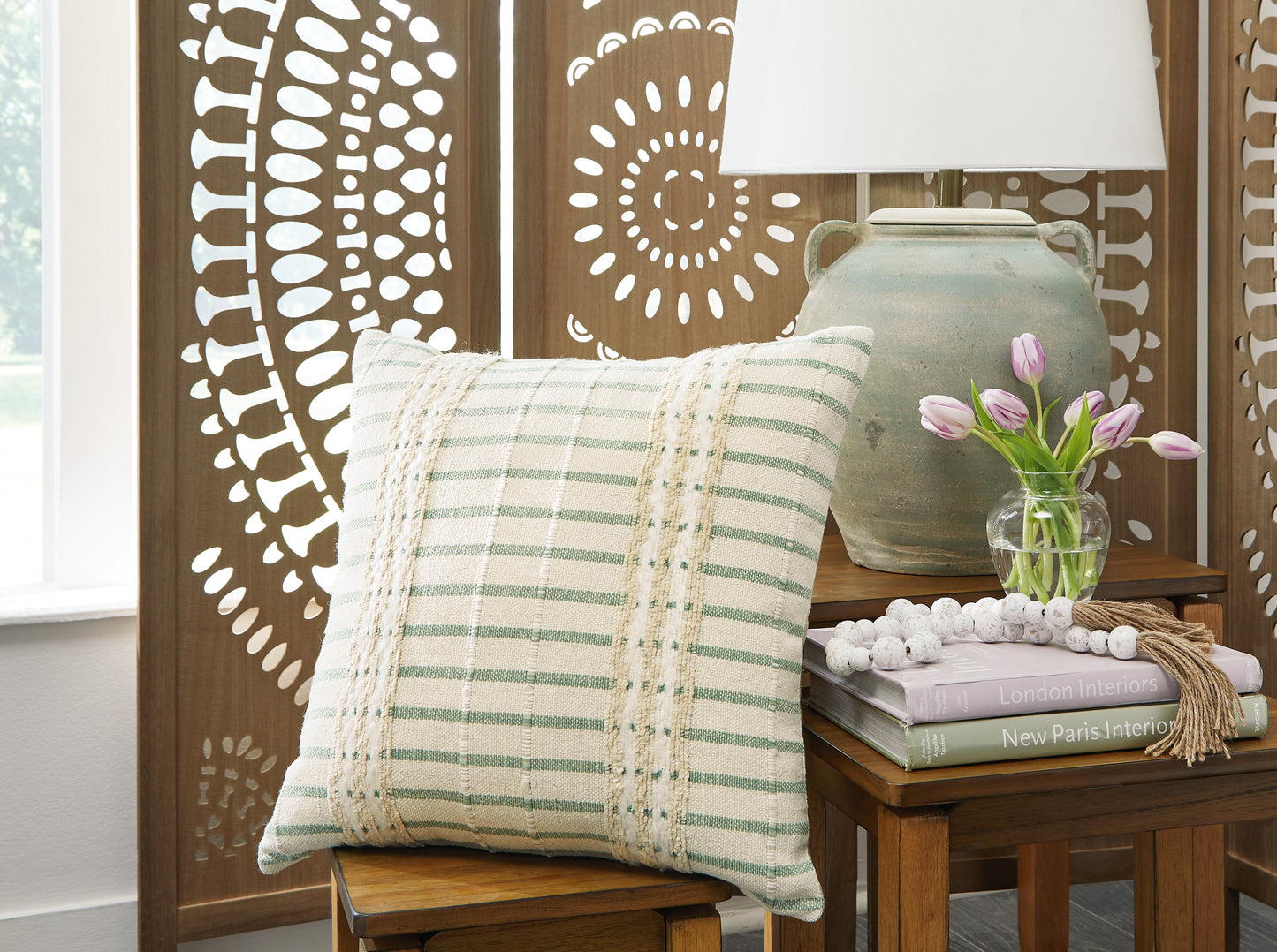 Rowton White/Green Pillow- Viva Furn