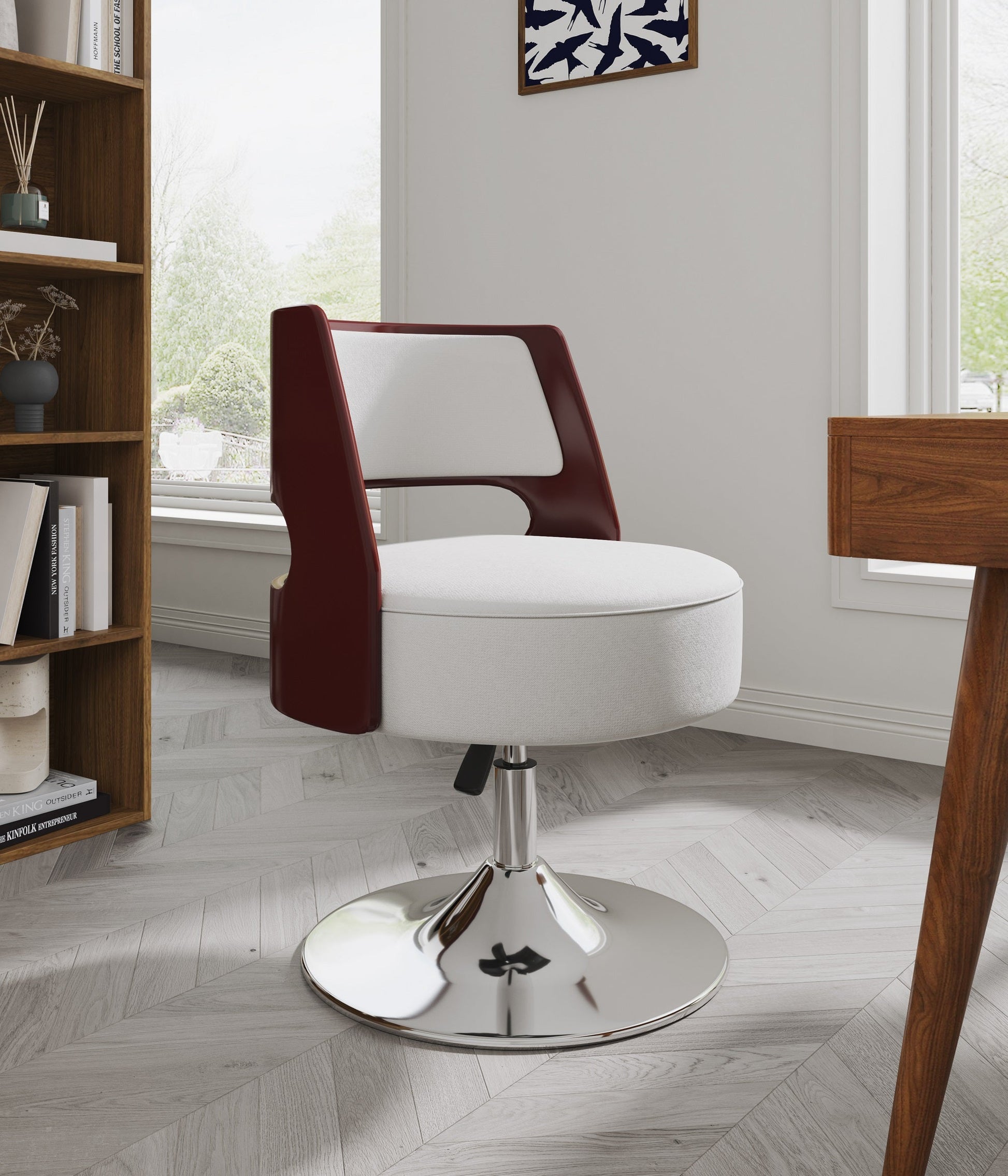 Salon Adjustable Height Swivel Accent Chair in White and Polished Chrome - Ornate Home