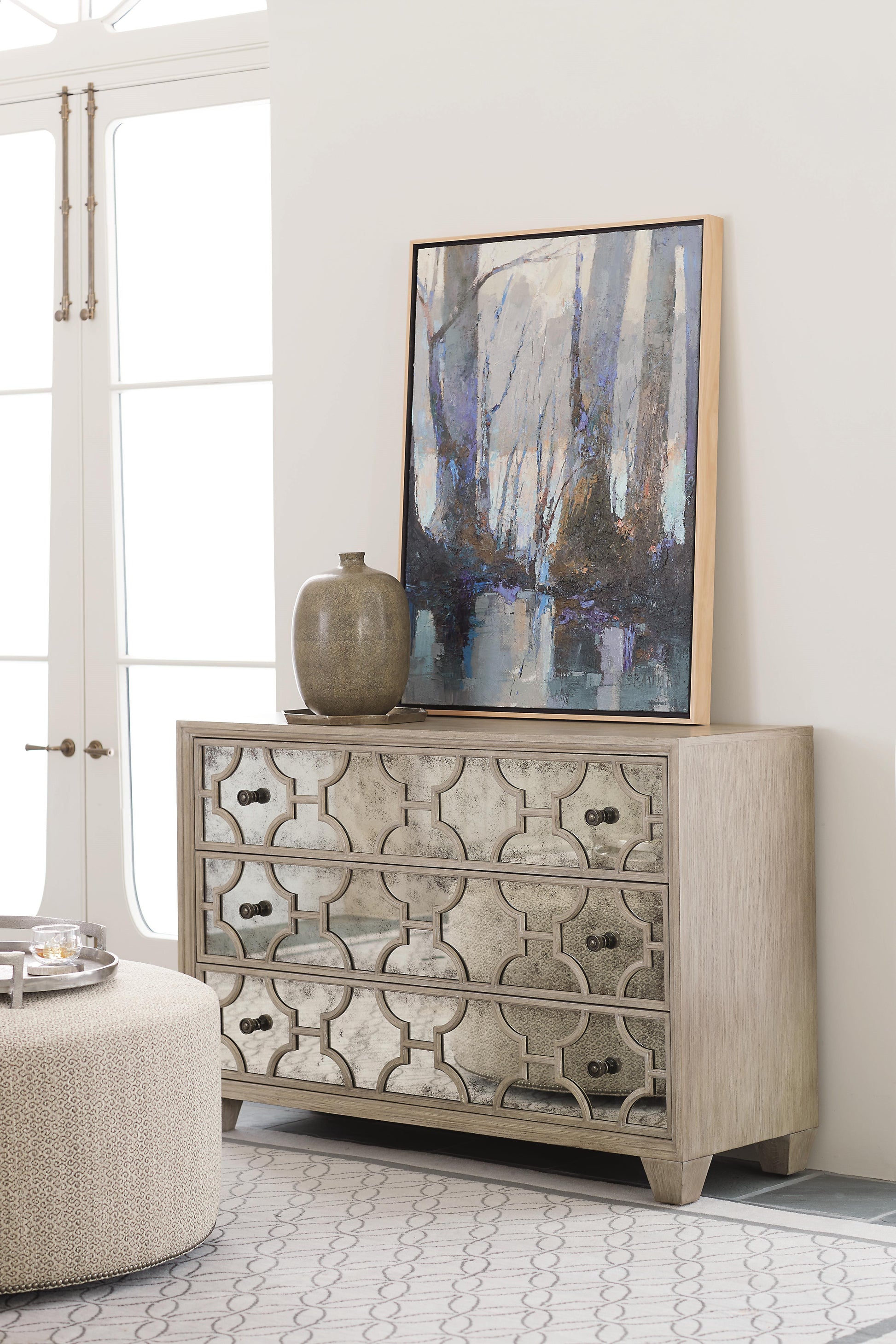 Santa Barbara Vintage Nickel/Sandstone/Textured Cameo Drawer Chest - Ornate Home