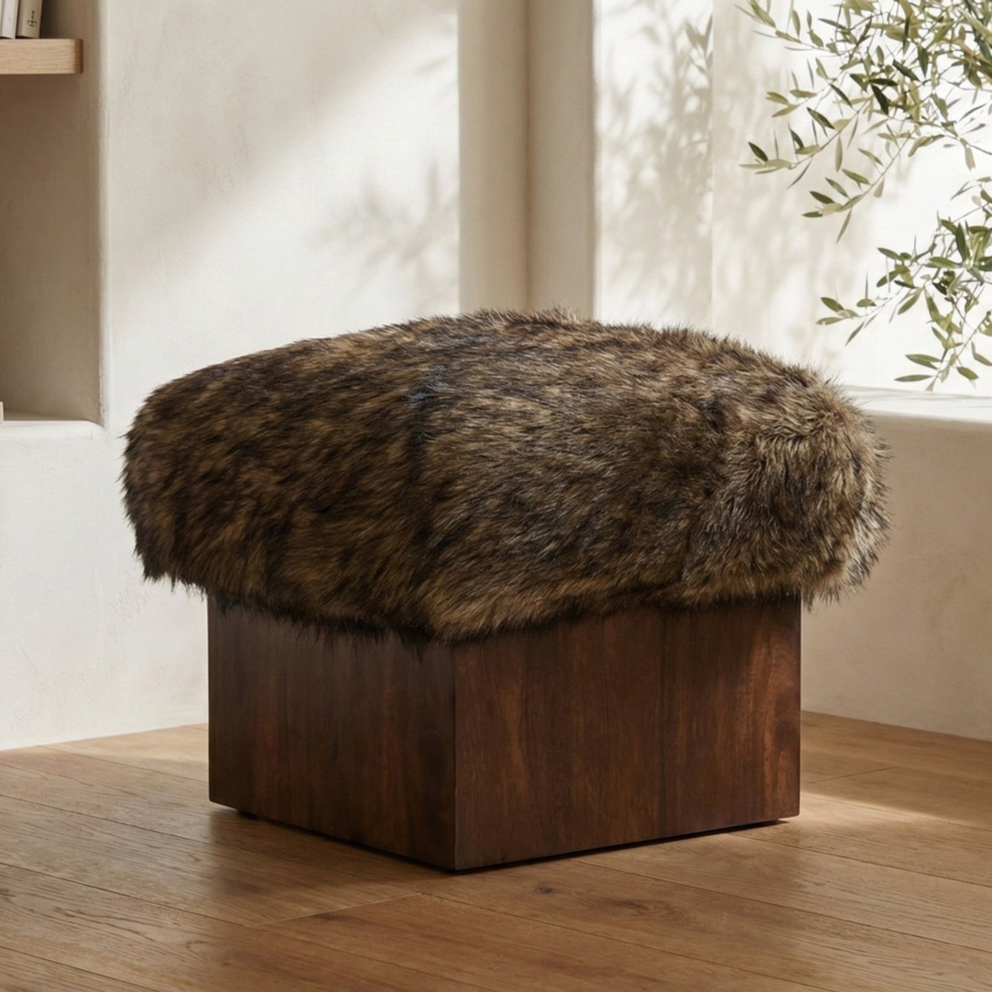 Serge Brown Faux Fur Ottoman - Ornate Home
