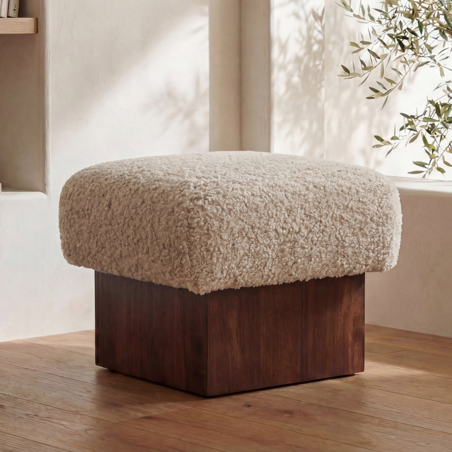 Serge Cream Faux Shearling Ottoman - Ornate Home