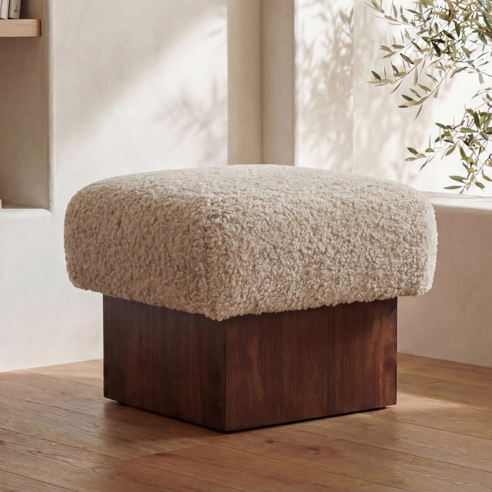 Serge Cream Faux Shearling Ottoman - Ornate Home