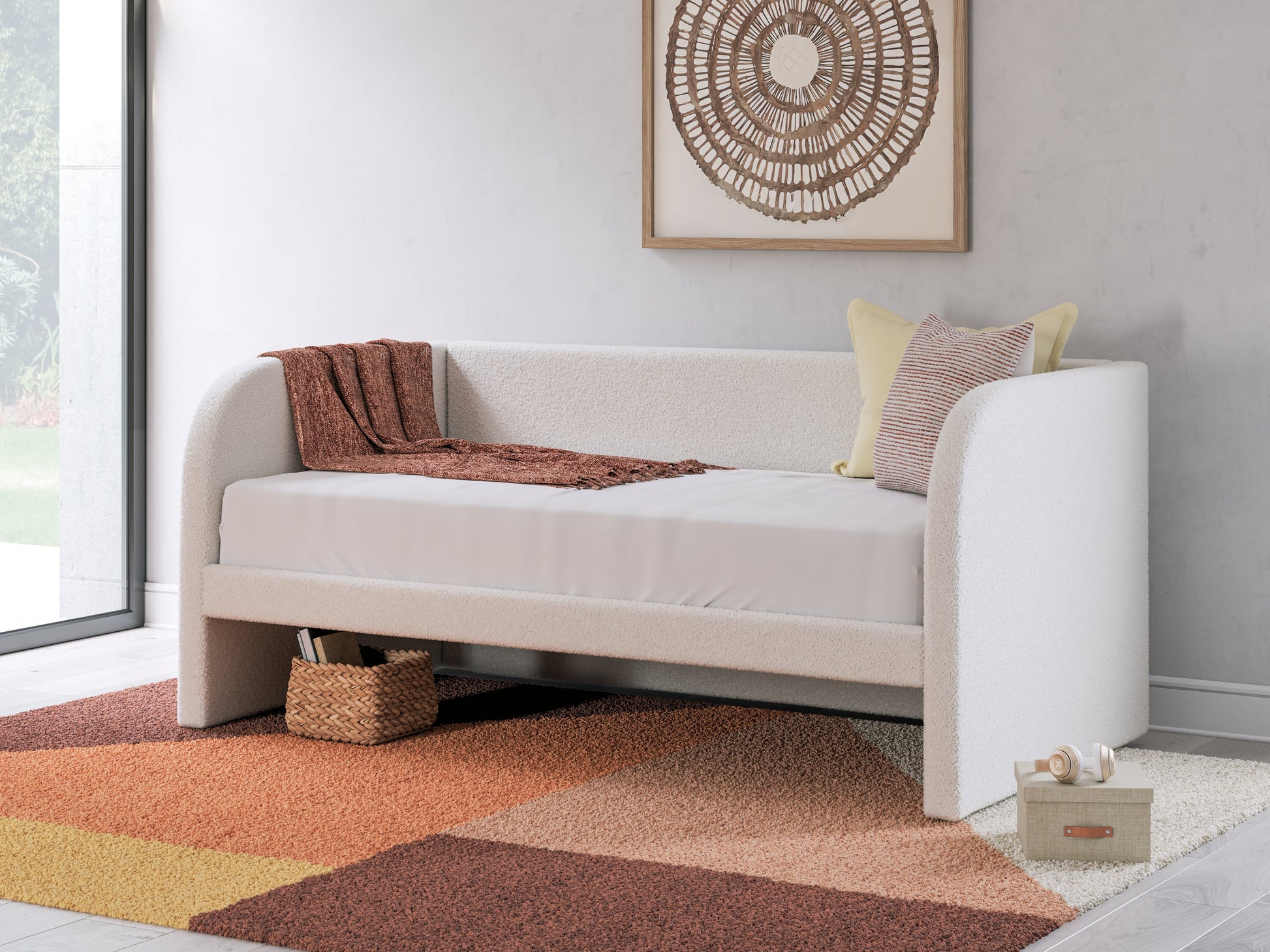 Shapella Tan/White Twin Upholstered Day Bed- Viva Furn