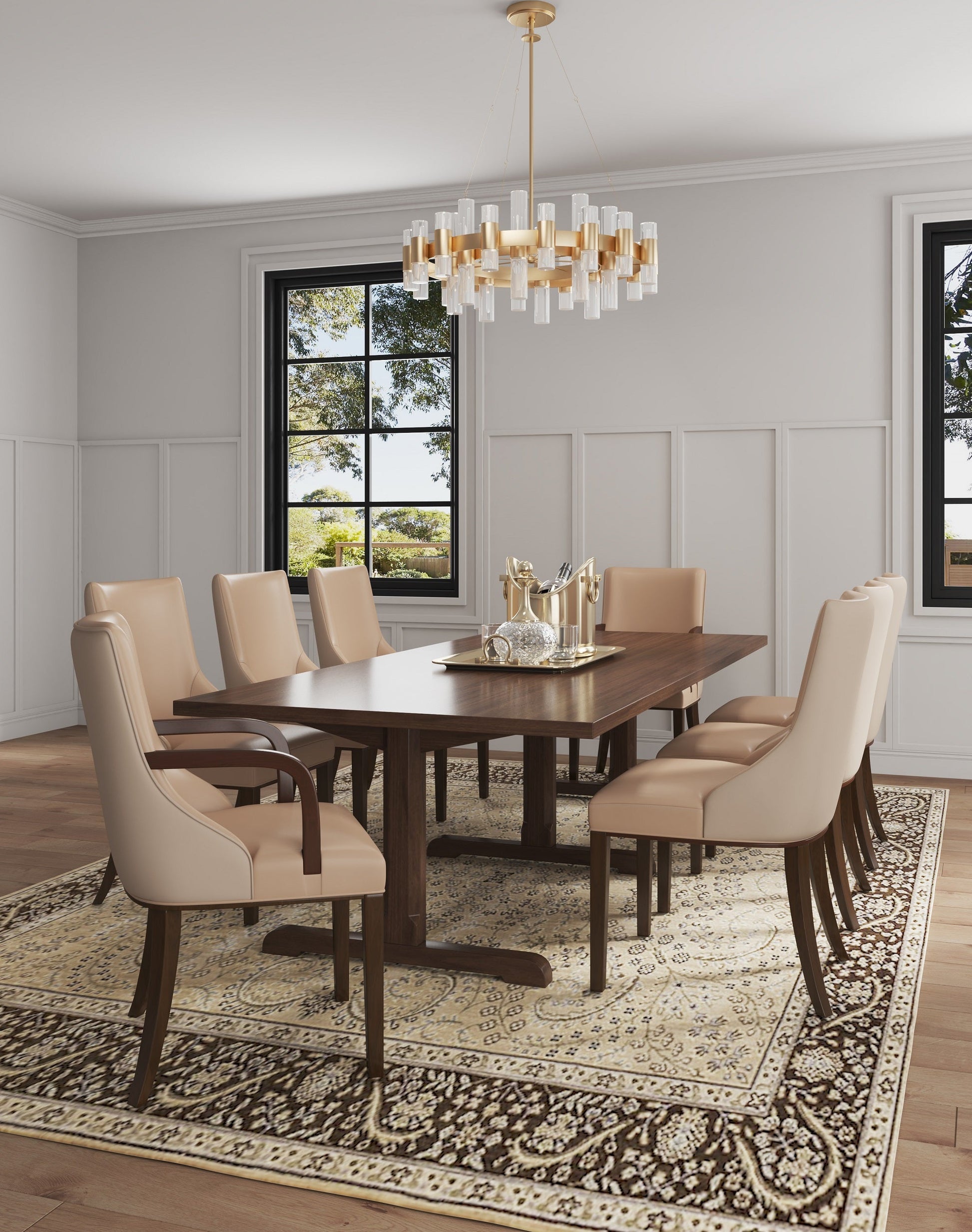 Shubert 8-Piece Faux Leather and Velvet Dining Chair Set in Tan - Ornate Home