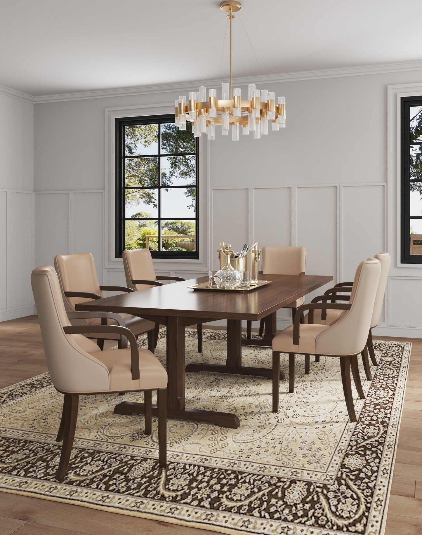 Shubert Faux Leather and Velvet Dining Armchair in Tan - Ornate Home