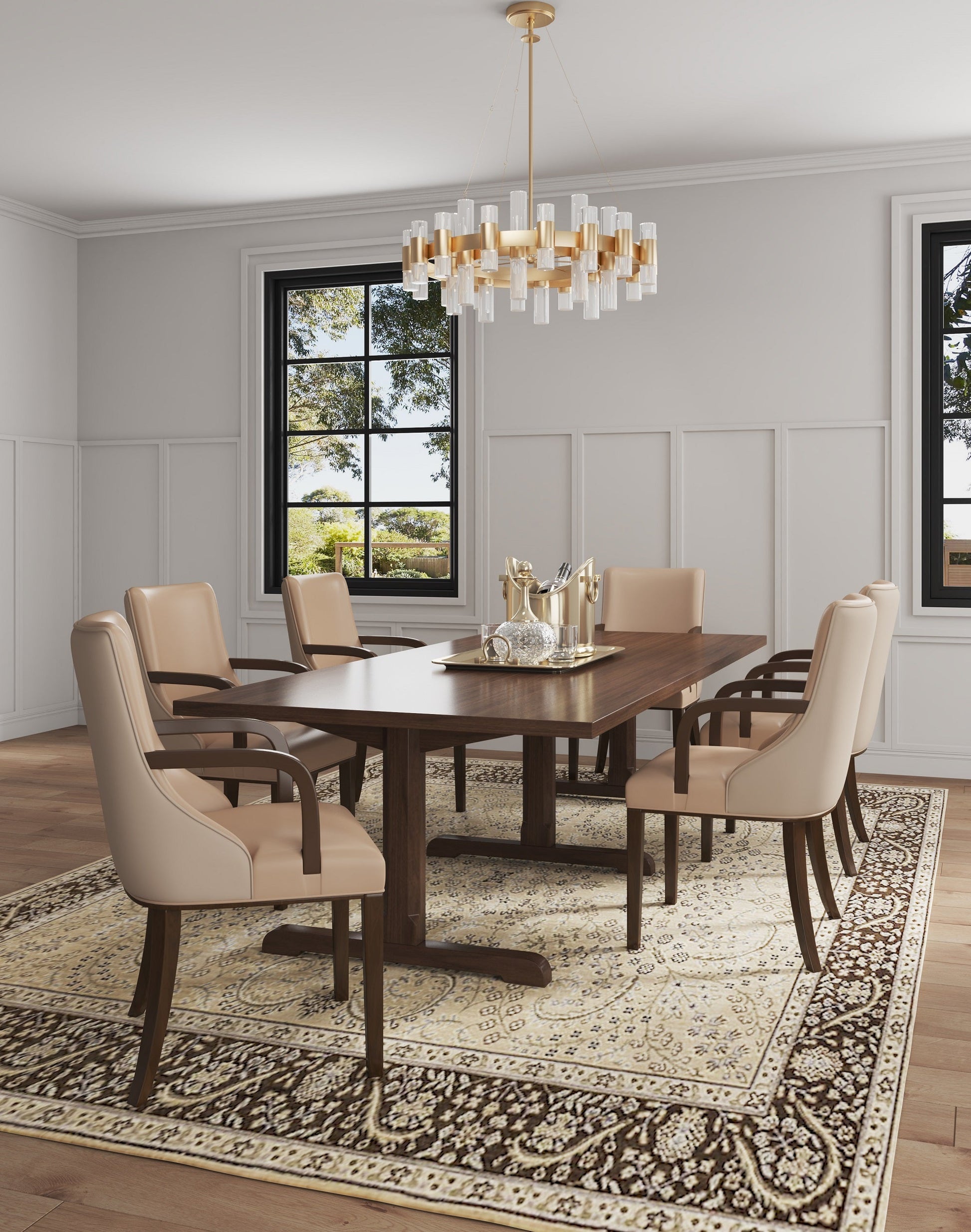 Shubert Faux Leather and Velvet Dining Armchair in Tan - Ornate Home