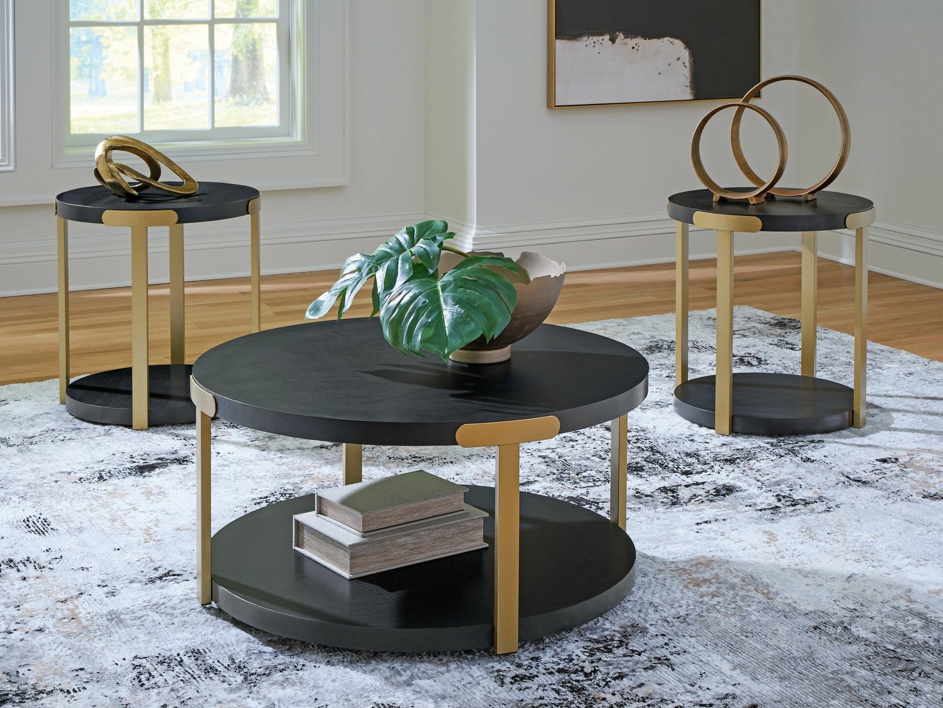 Shylore Black/Brass Finish Occasional Table Set (Set of 3)- Viva Furn