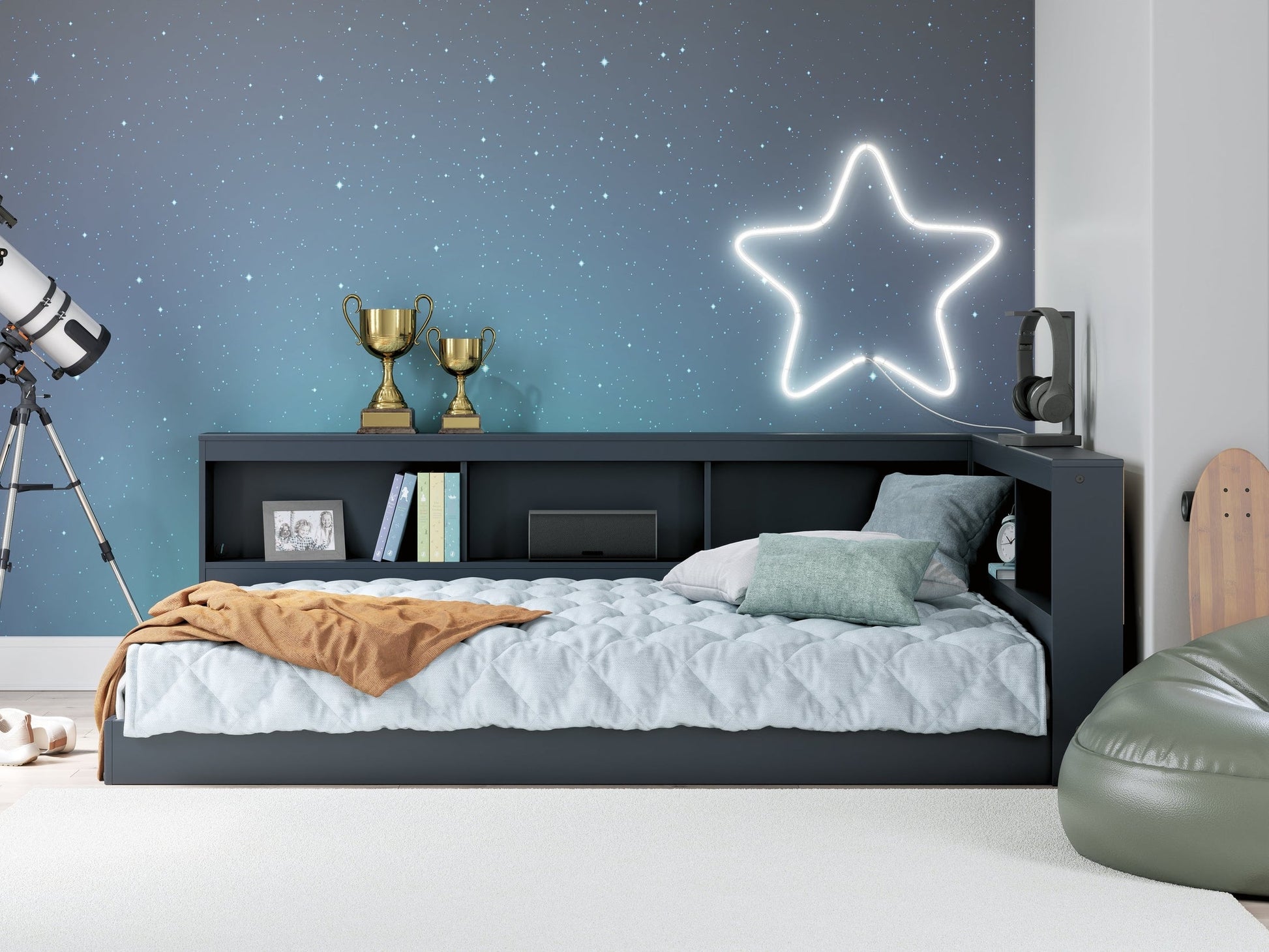 Simmenfort Navy Blue Full Bookcase Storage Youth Bed- Viva Furn