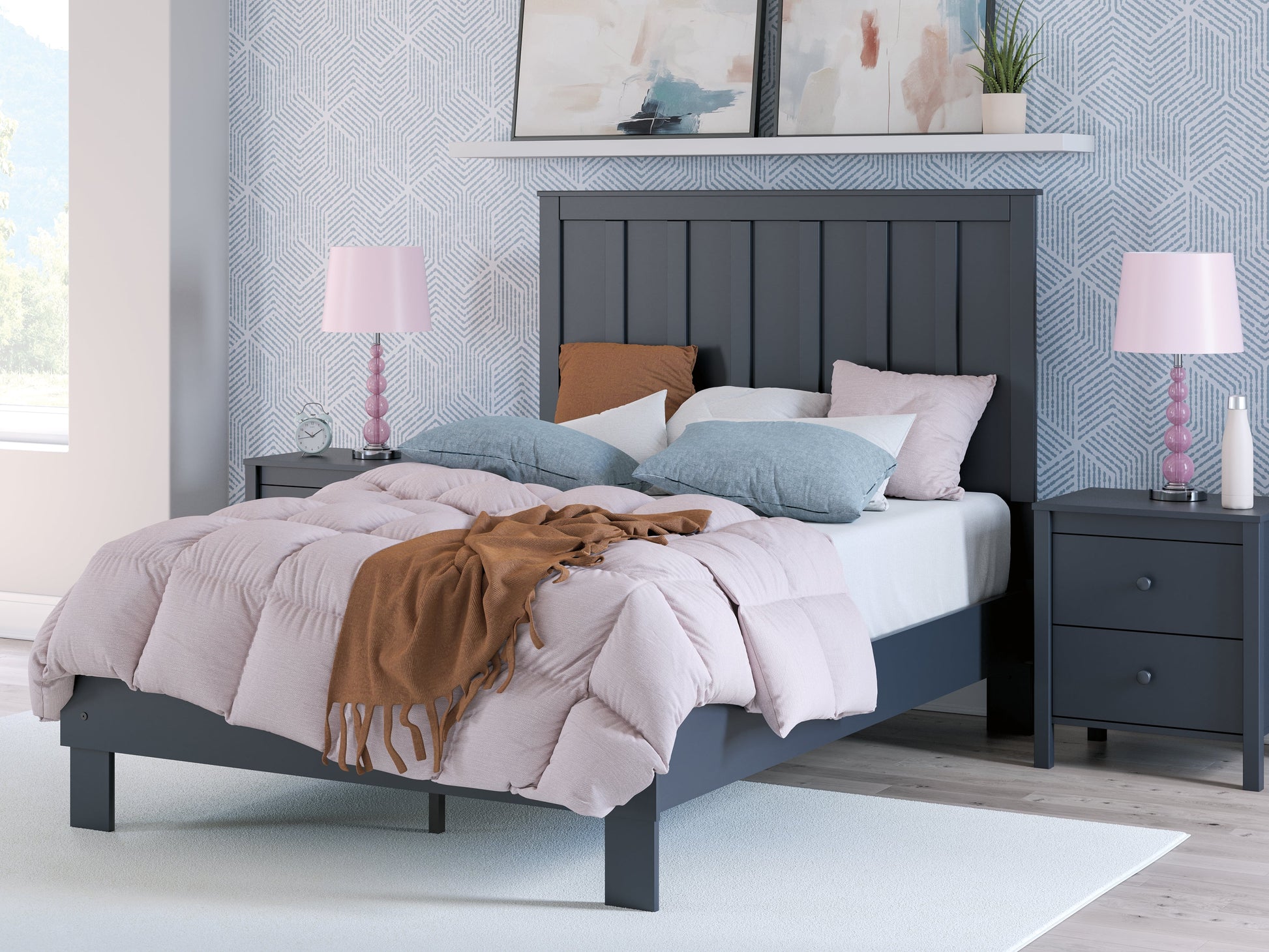 Simmenfort Navy Blue Full Platform Bed- Viva Furn