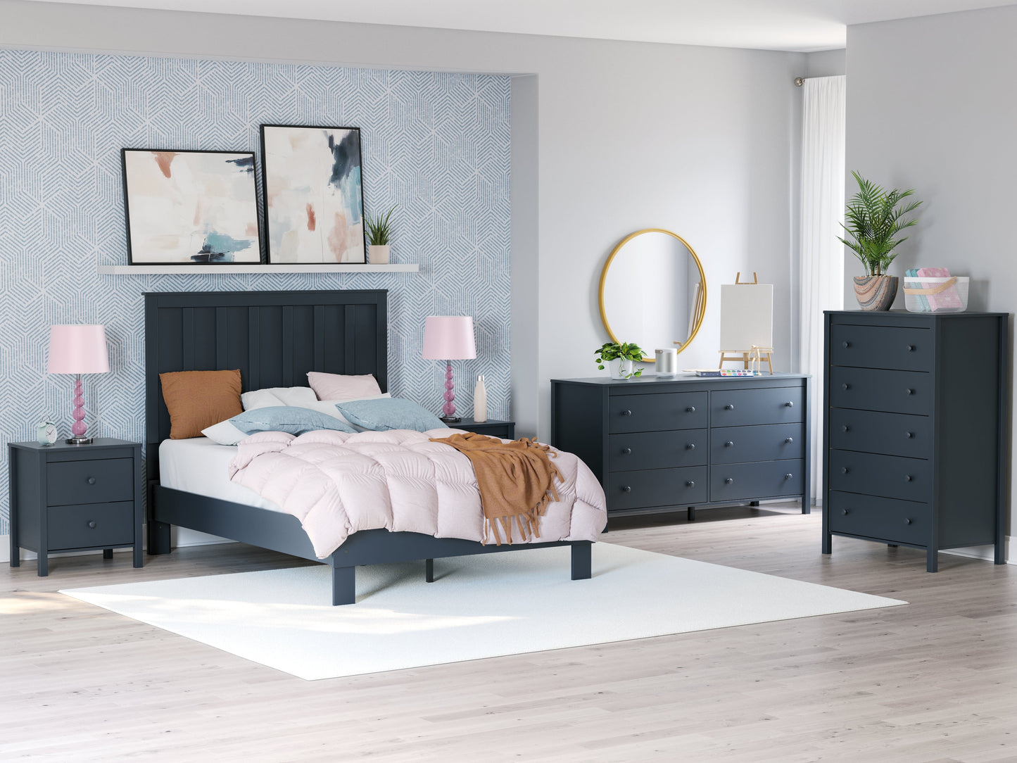 Simmenfort Navy Blue Full Platform Bed- Viva Furn