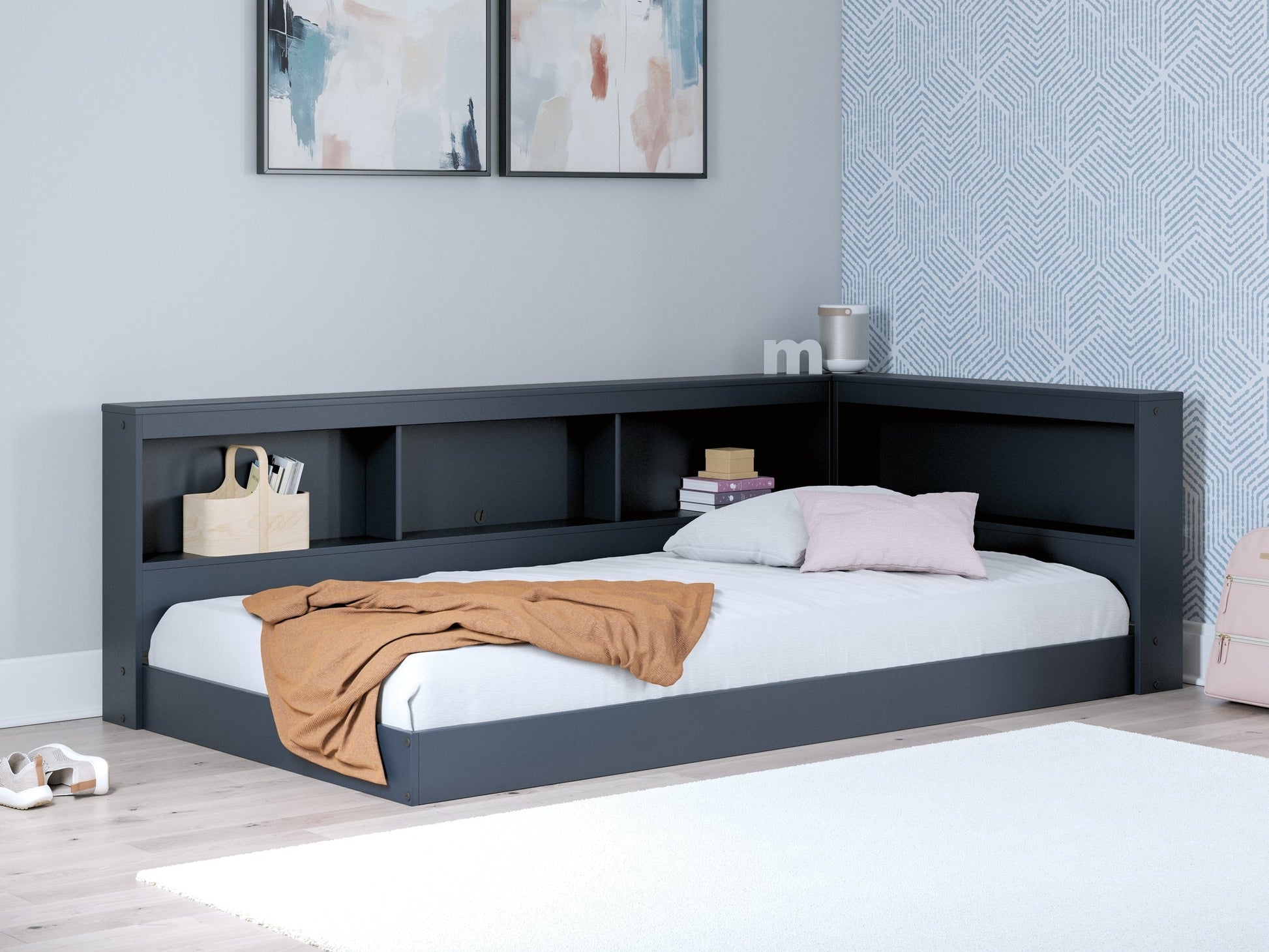 Simmenfort Navy Blue Twin Bookcase Storage Youth Bed- Viva Furn