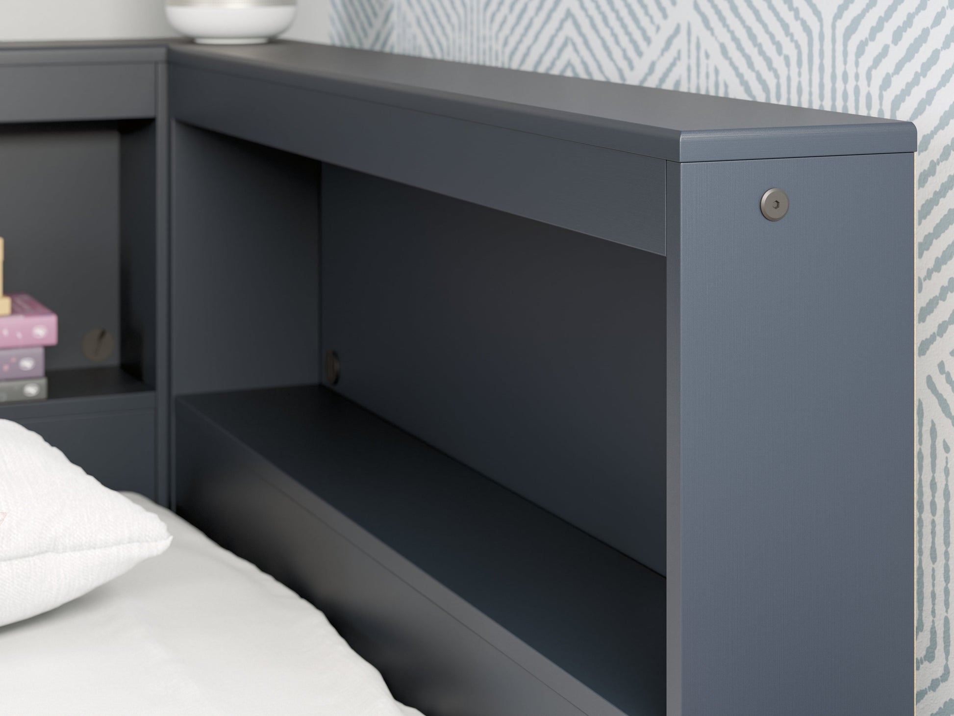 Simmenfort Navy Blue Twin Bookcase Storage Youth Bed- Viva Furn