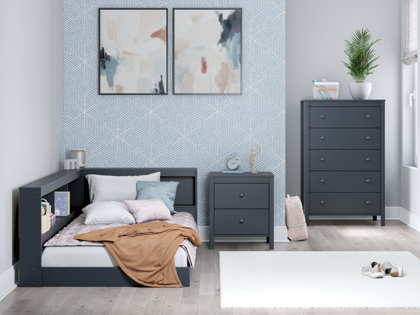 Simmenfort Navy Blue Twin Bookcase Storage Youth Bed- Viva Furn
