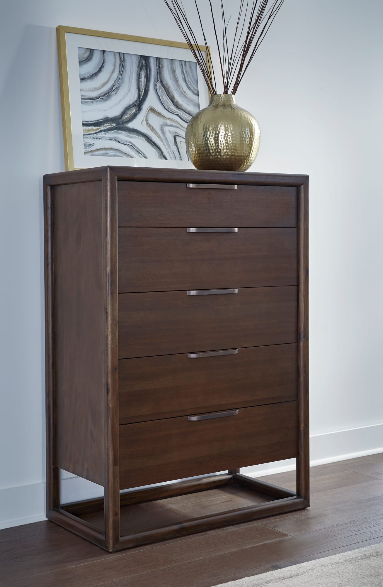 Sol Brown Spice Five Drawer Acacia Wood Chest - Ornate Home