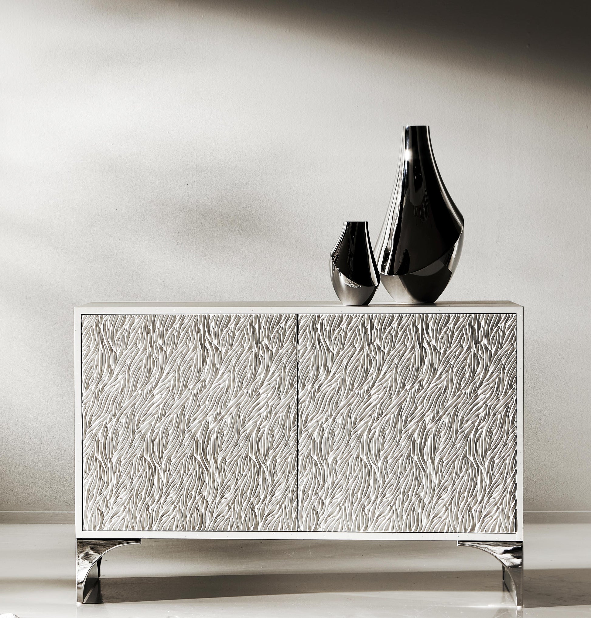 Stratum Polished Nickel/Fossil Door Chest - Ornate Home
