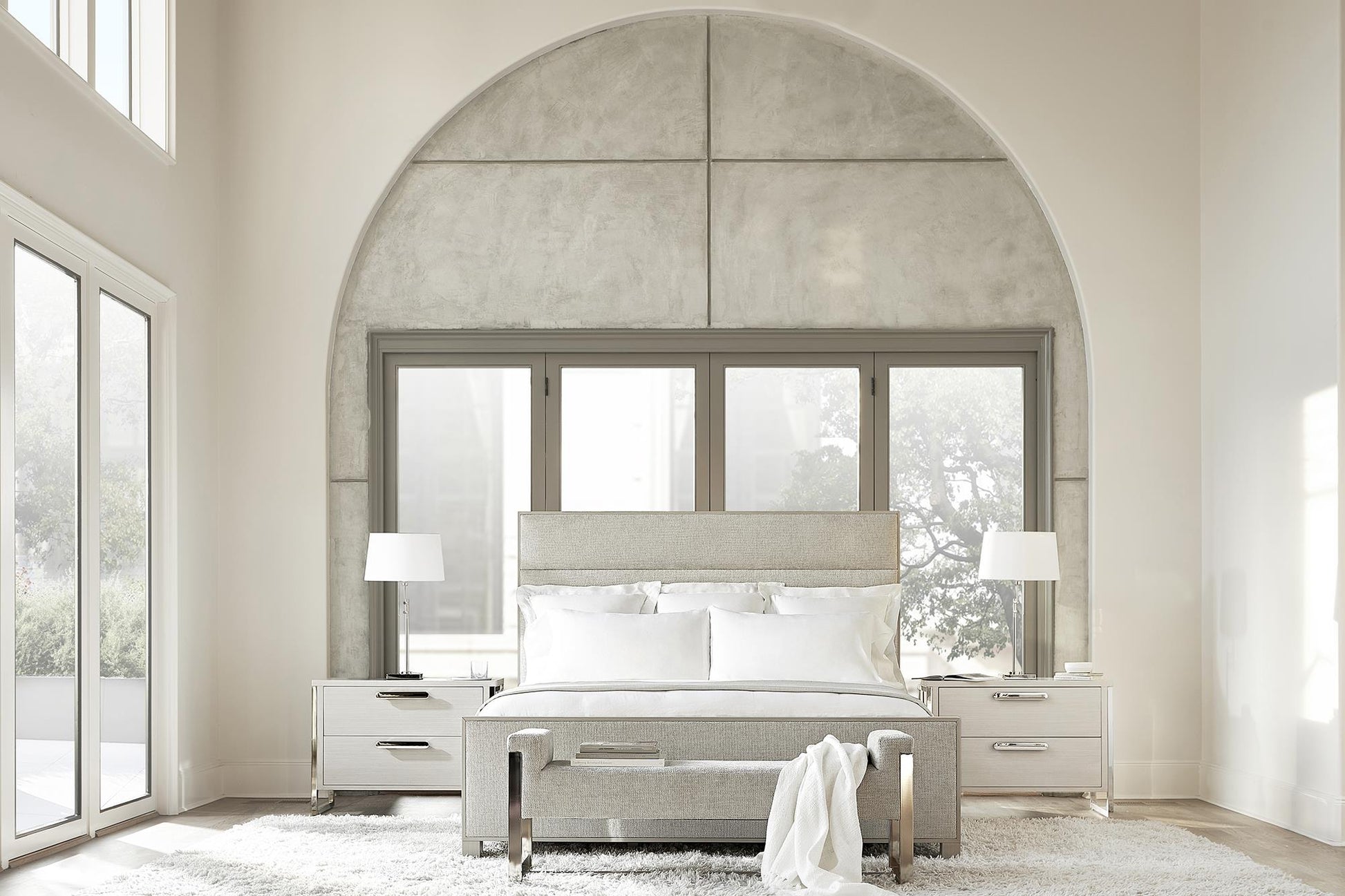 Stratum Polished Nickel/Grey Fabric Bench - Ornate Home