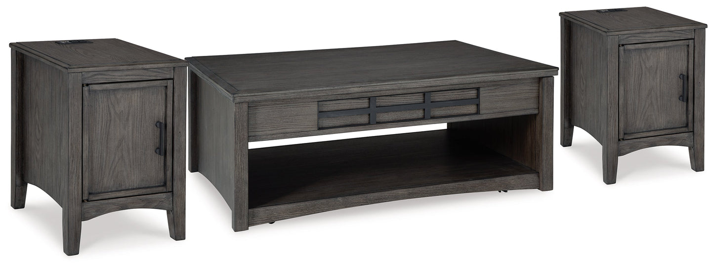 Montillan Grayish Brown Lift-top Coffee Table and 2 Chairside End Tables