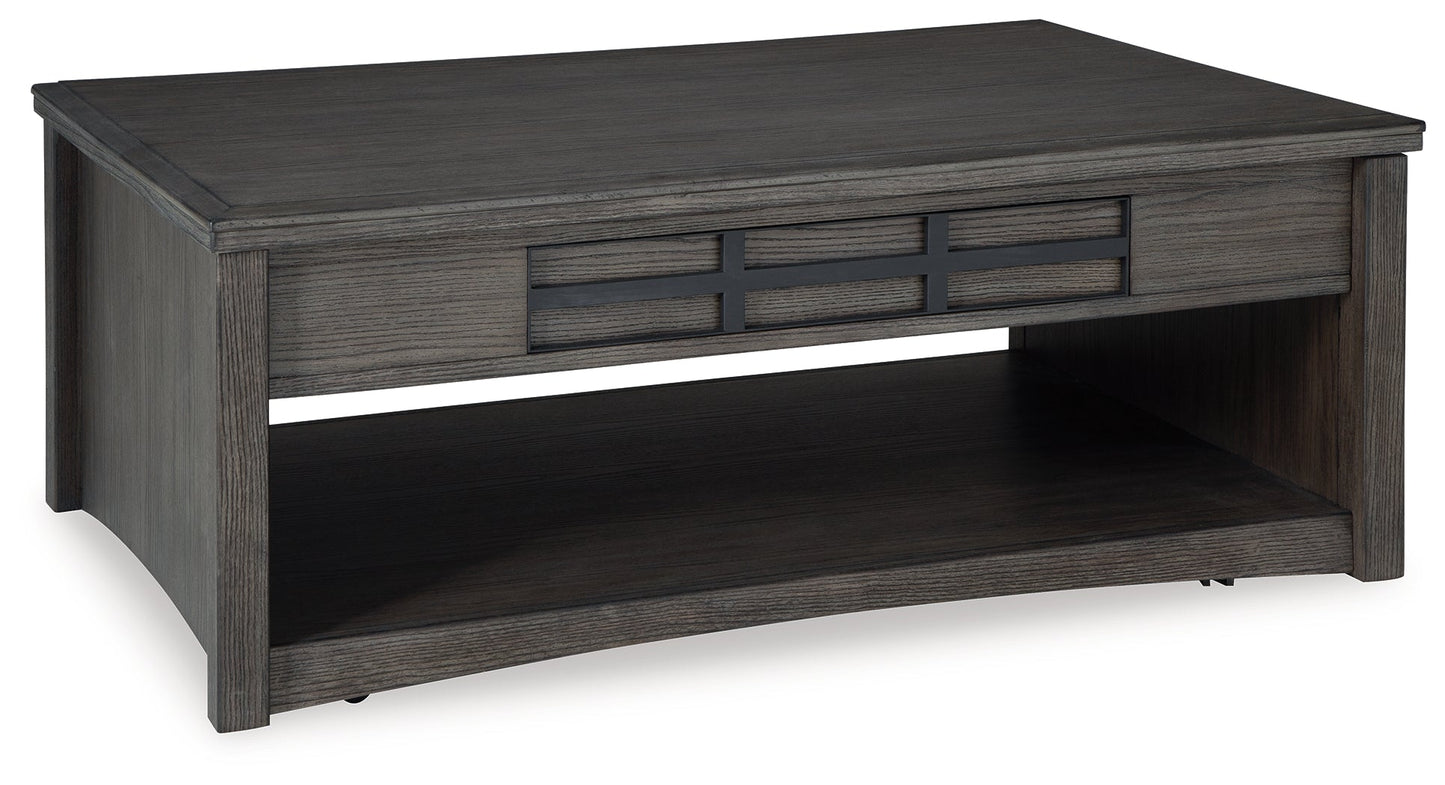 Montillan Grayish Brown Lift-top Coffee Table and 2 End Tables