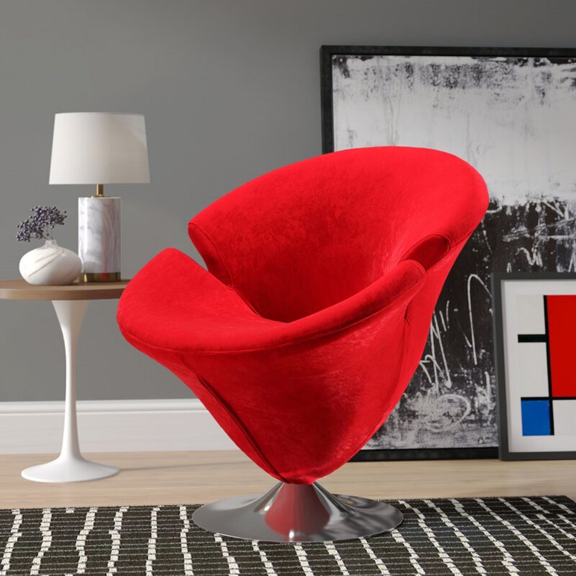 Tulip Swivel Accent Chair in Red and Polished Chrome - Ornate Home