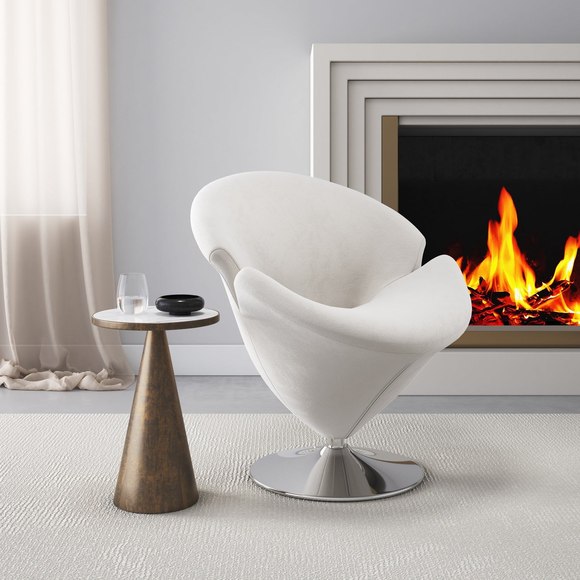 Tulip Swivel Accent Chair in White and Polished Chrome - Ornate Home