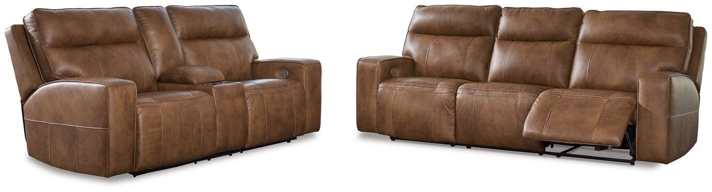 Game Plan Caramel Power Reclining Sofa and Loveseat