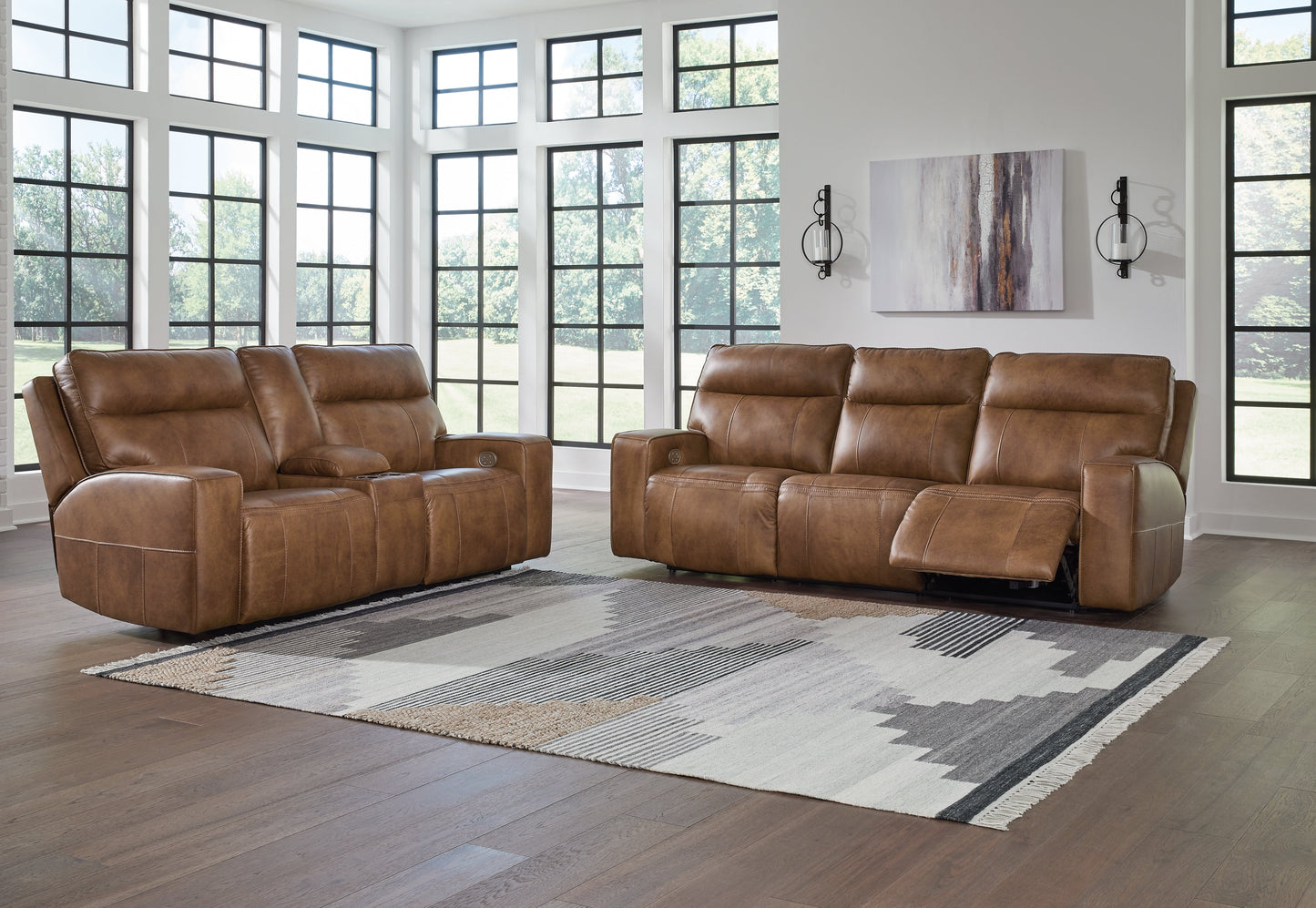 Game Plan Caramel Power Reclining Sofa and Loveseat