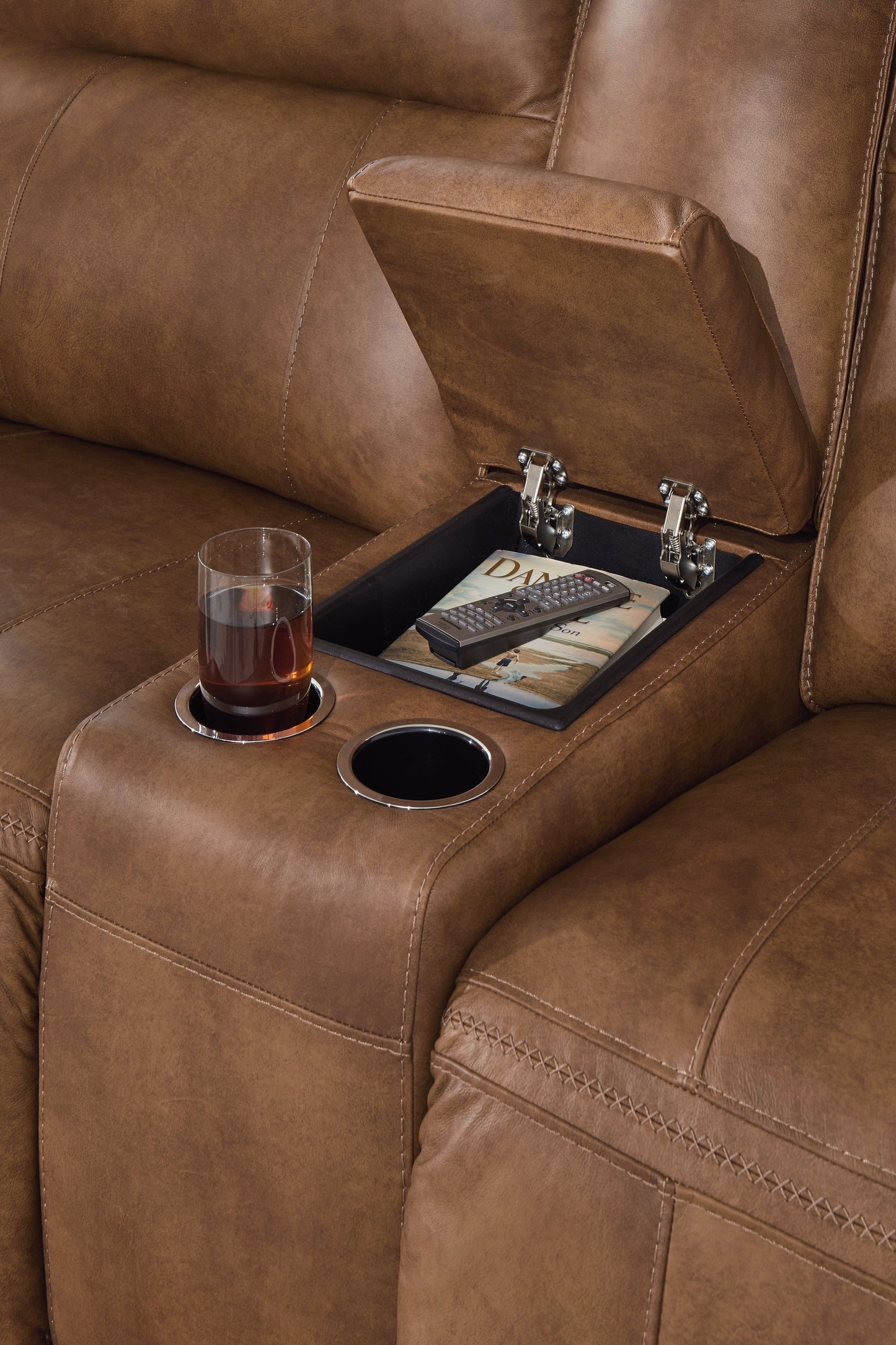 Game Plan Caramel Power Reclining Sofa and Loveseat