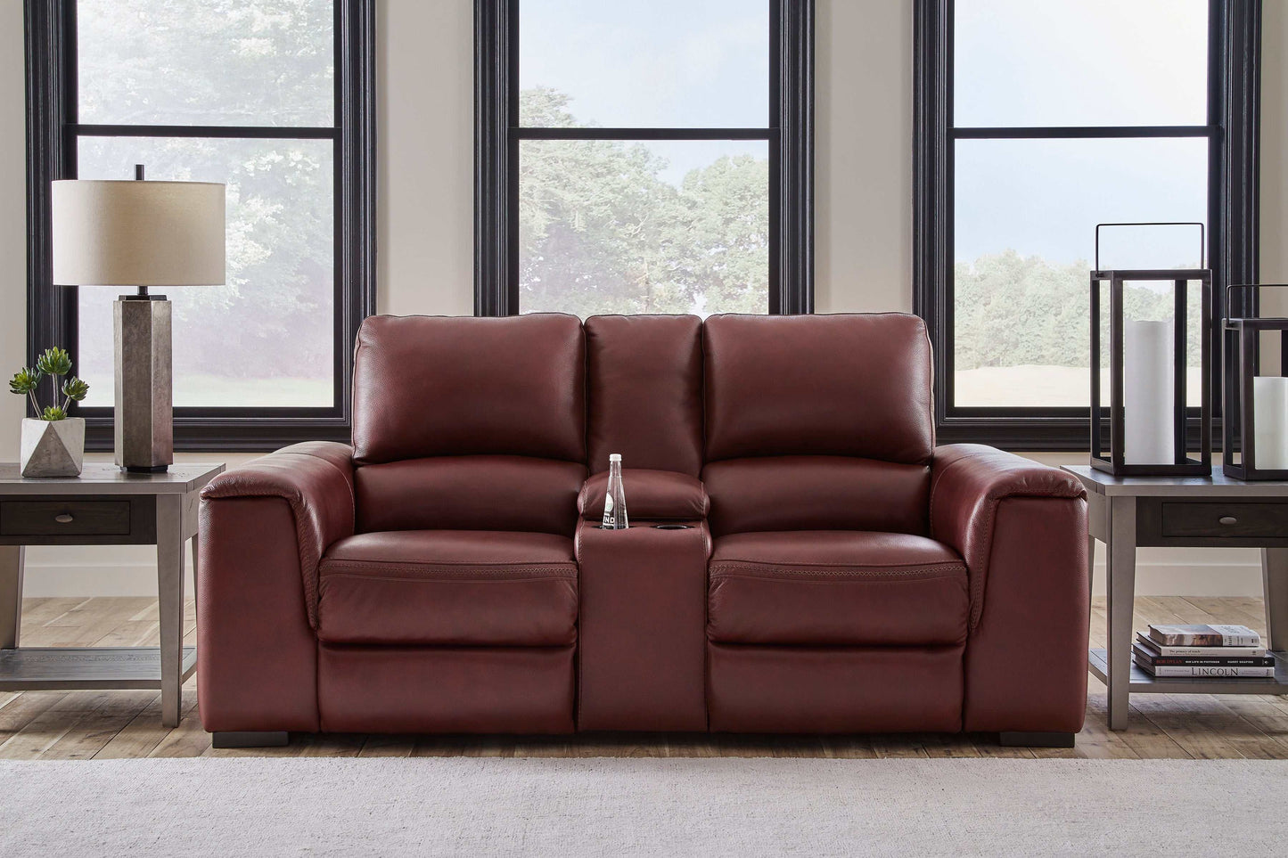 Alessandro Garnet Leather-match Power Reclining Loveseat w/ Console