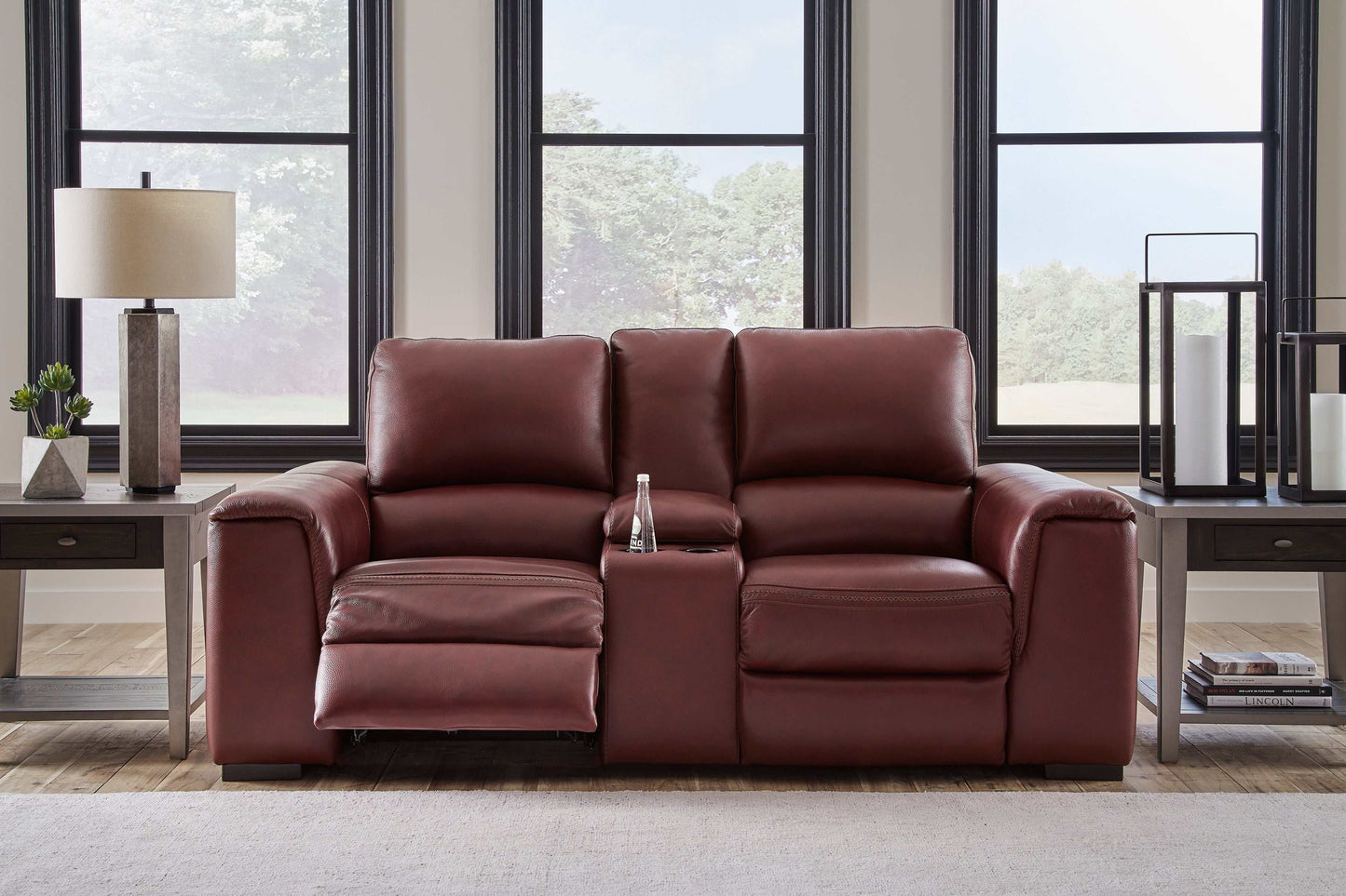 Alessandro Garnet Leather-match Power Reclining Loveseat w/ Console